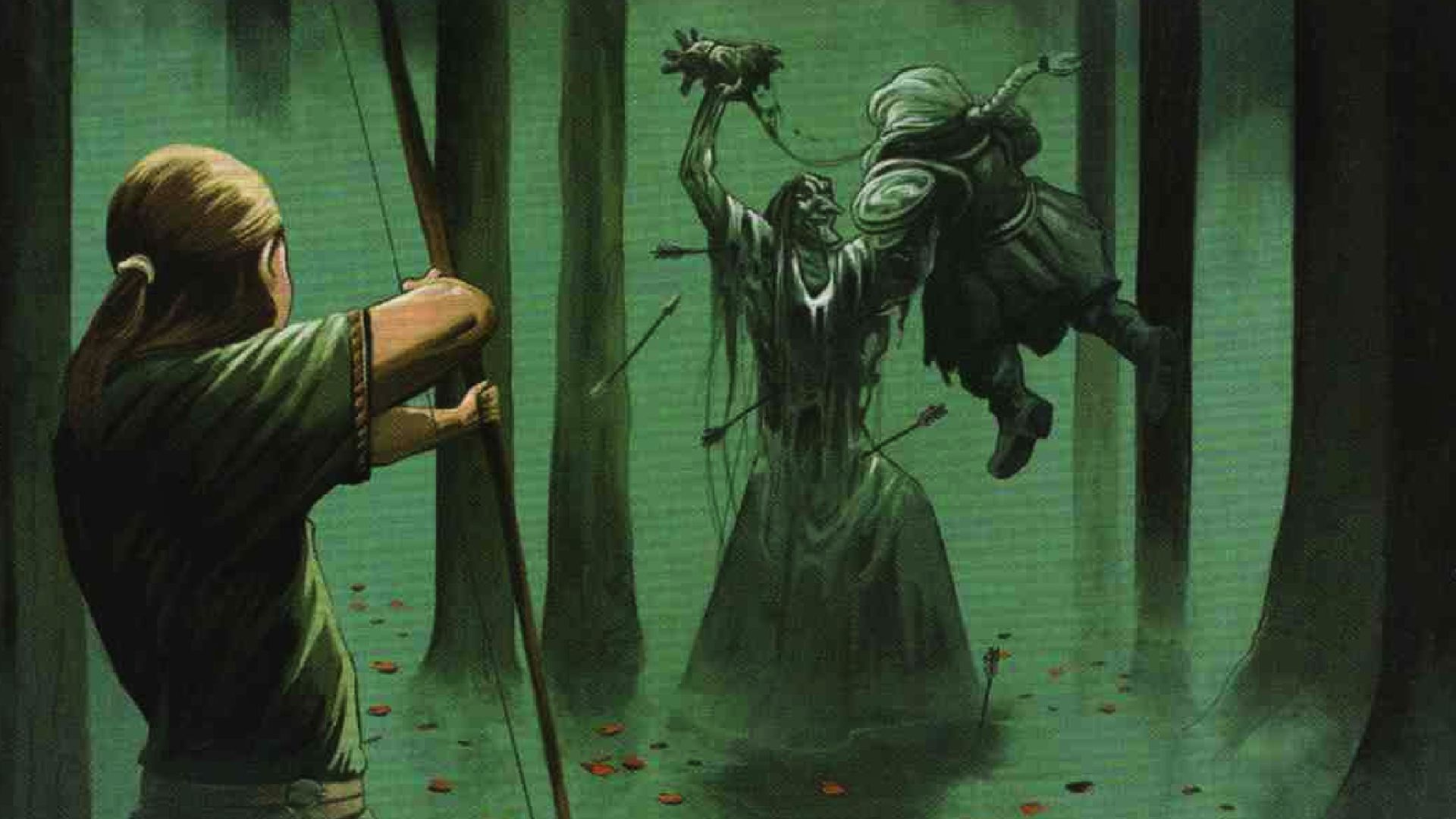An Annis hag rips a dwarven adventurer's arm off while an elf tries to shoot it with arrows