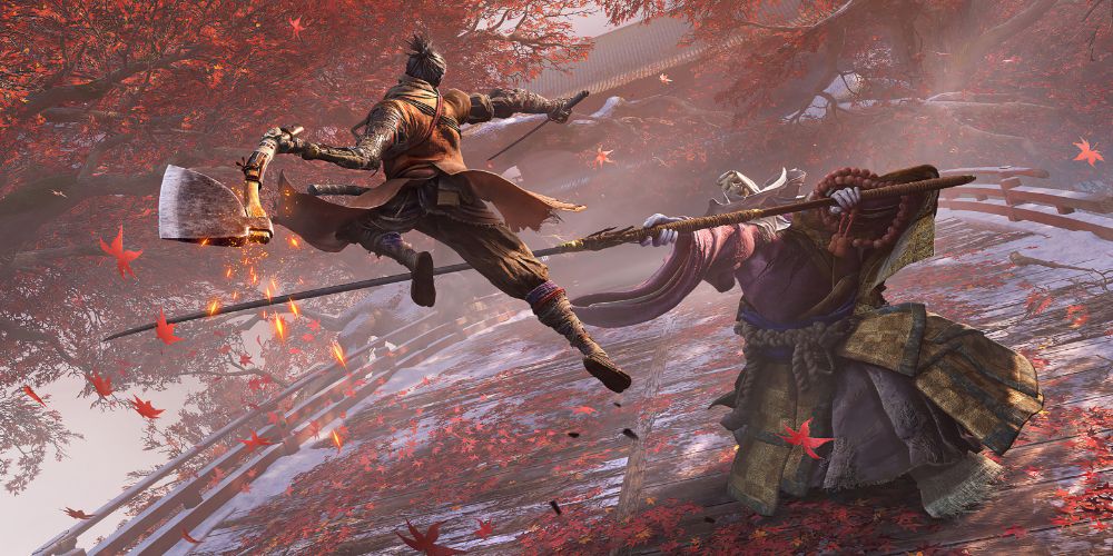 Wolf fighting a Monk from Sekiro- Shadows Die Twice