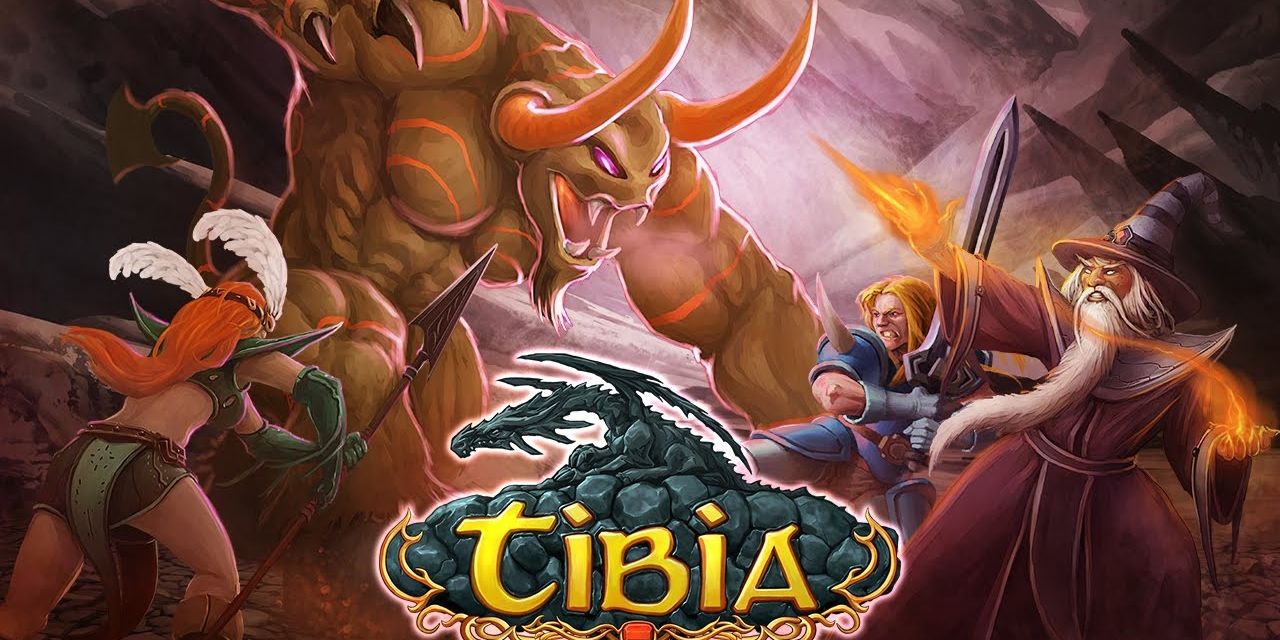 Three heroes of different classes fighting a monster in Tibia