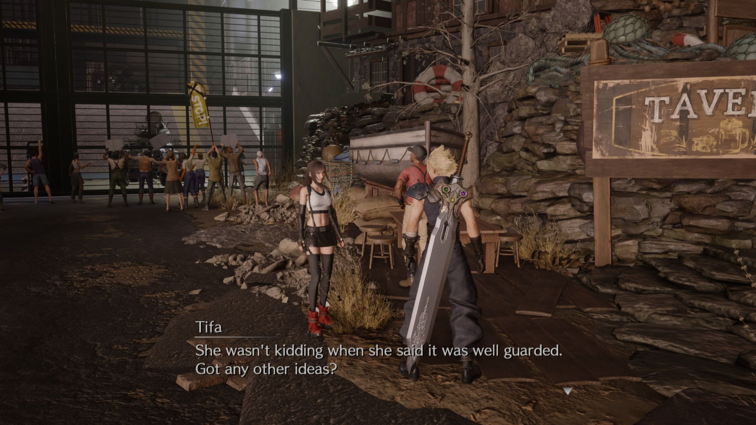 Tifa near an angry crowd in Junon in FF7 Rebirth