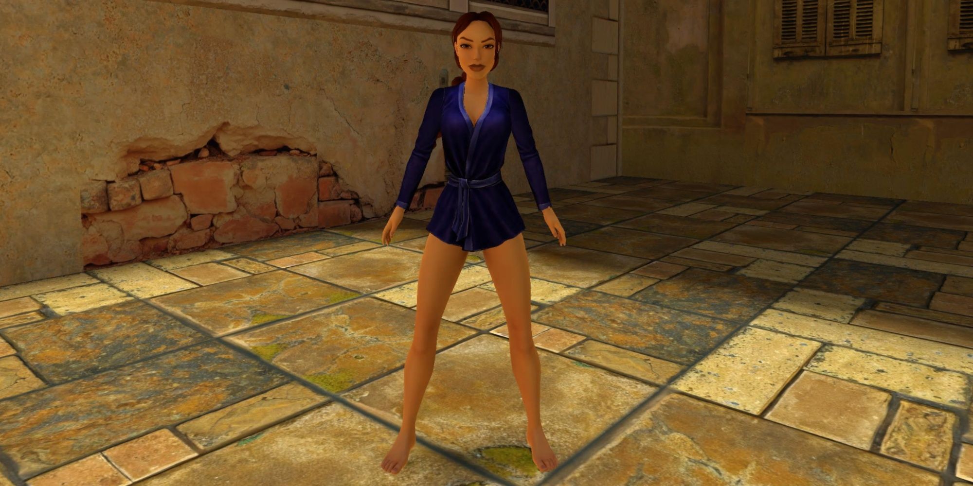 tomb raider 1-3 remastered lara croft wearing blue bathrobe from tomb raider 2 ending