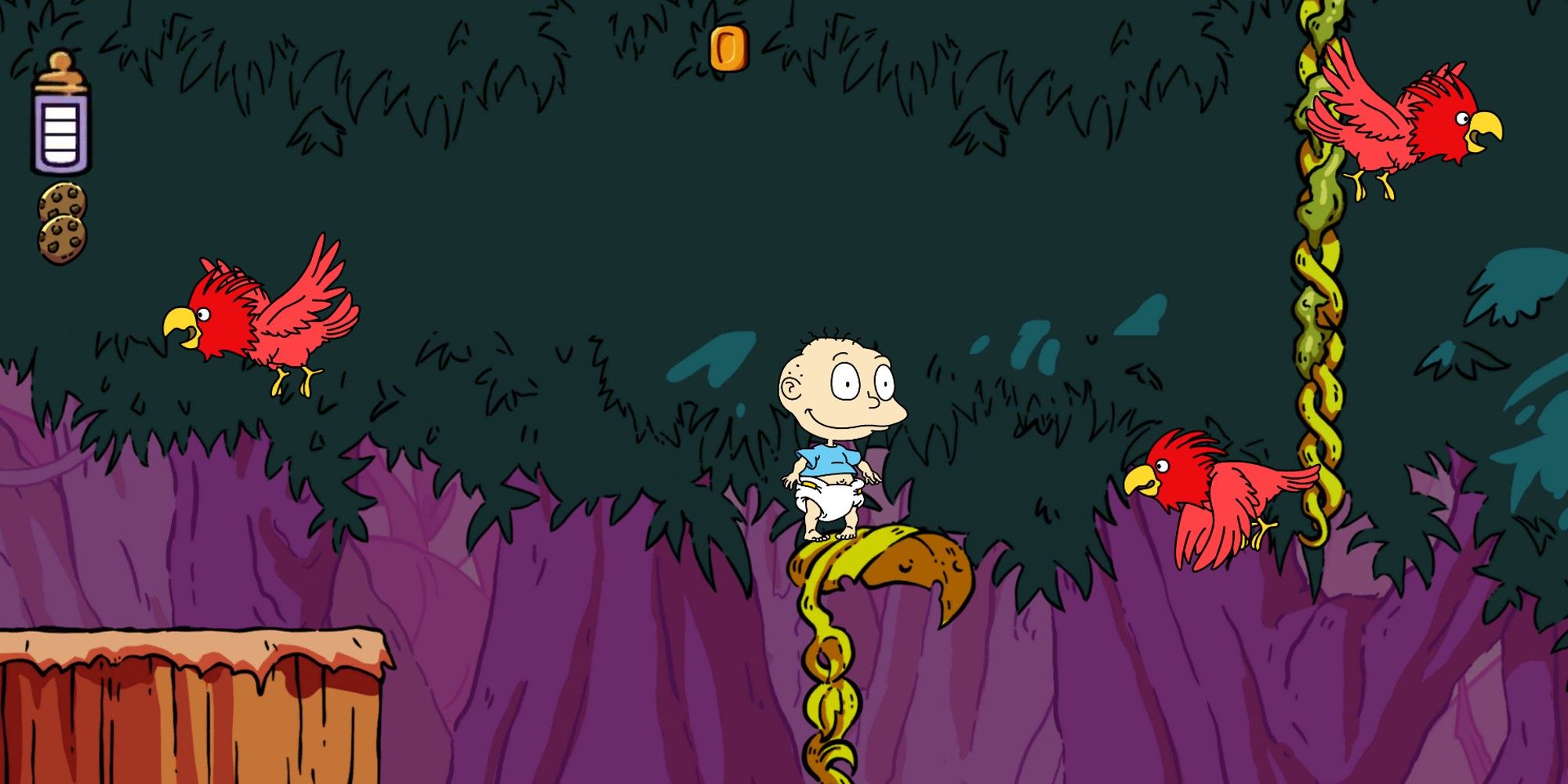 Tommy Pickles standing on a plant as red birds fly by in Rugrats Adventures in Gameland