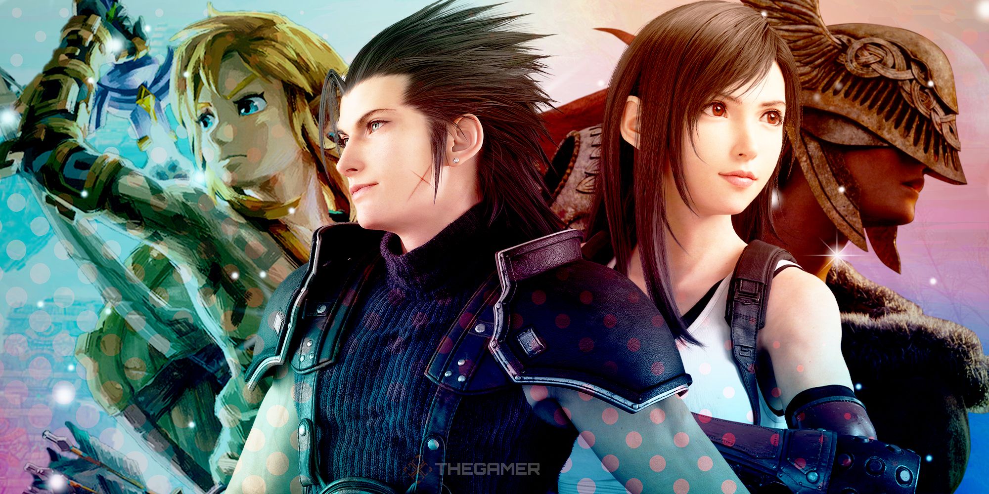 Zack and Tifa from Final Fantasy 7 Rebirth, with Link from Tears of the Kingdom on the left and a character from Elden Ring on the right