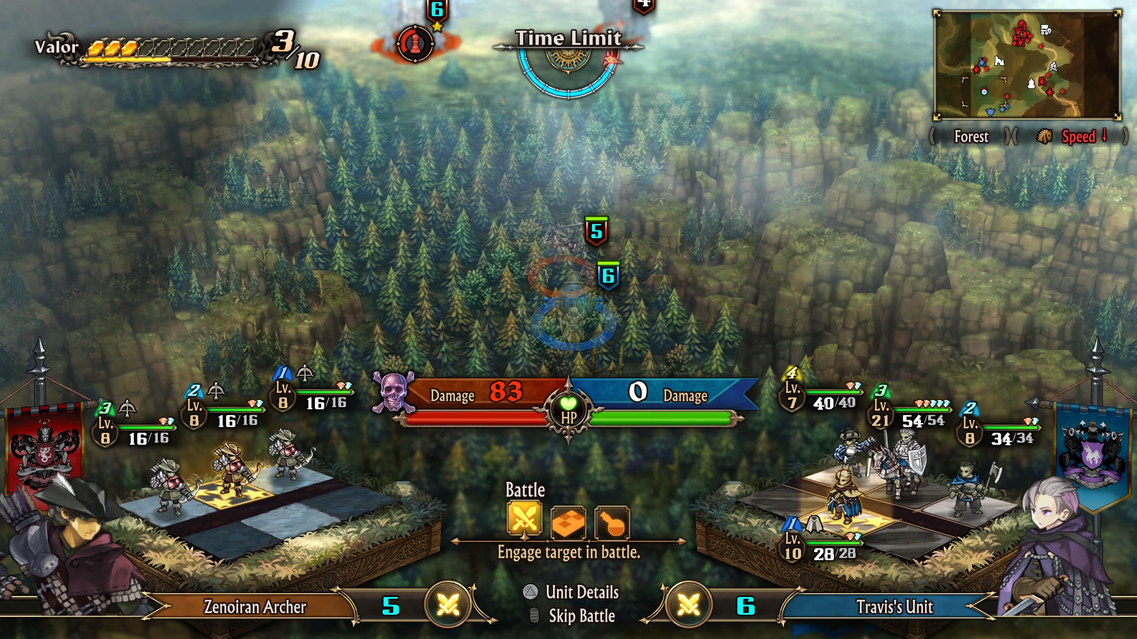 Travis encountering a hidden unit in a forest in Unicorn Overlord