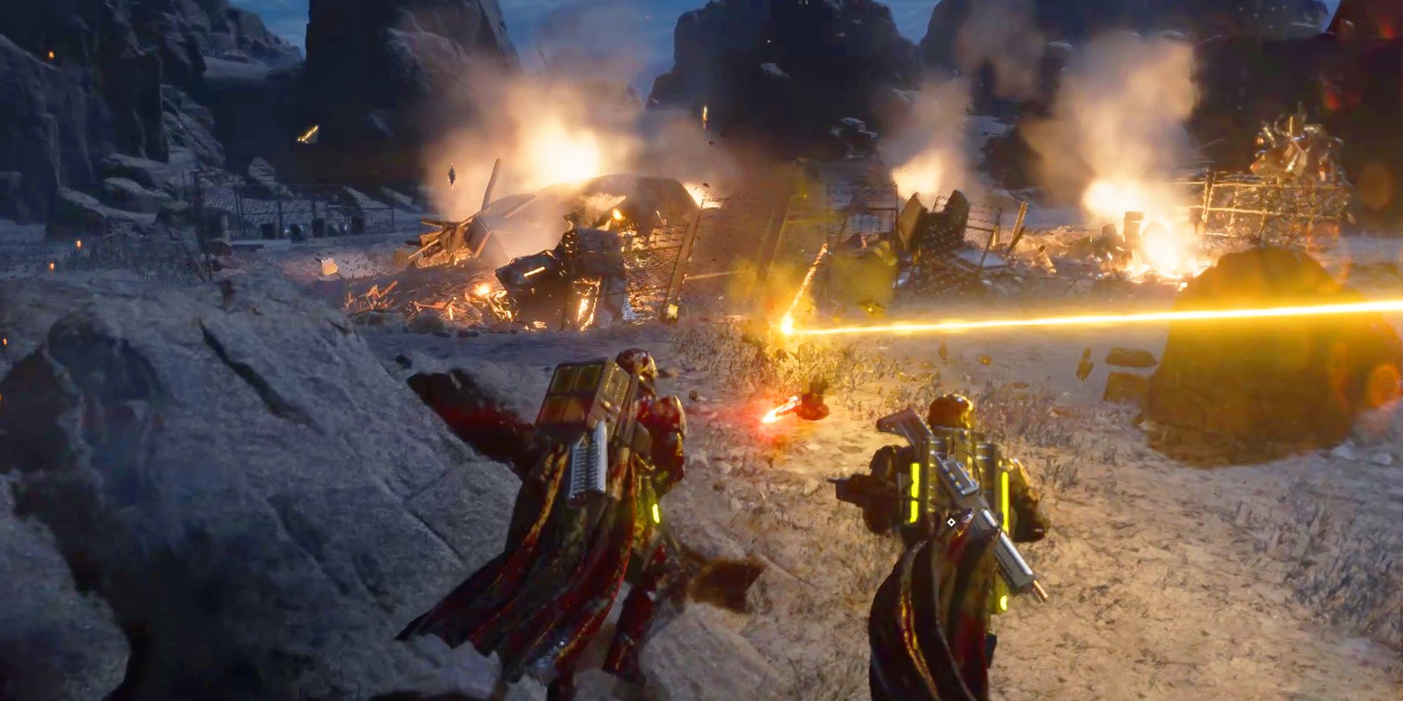 two divers attacking Automatons in Helldivers 2