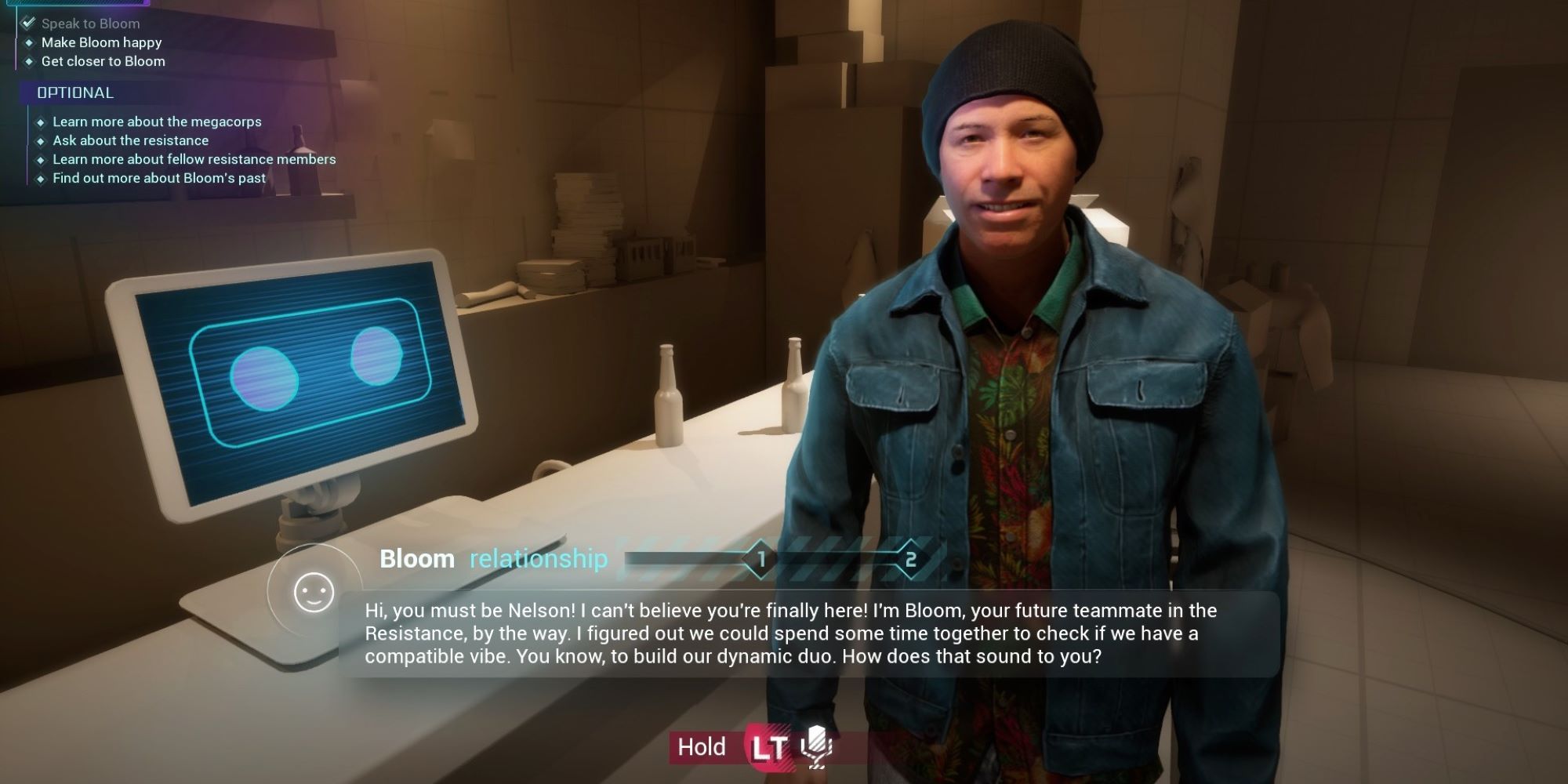 Ubisoft's AI generated dialogue from Bloom welcoming us to the Resistance