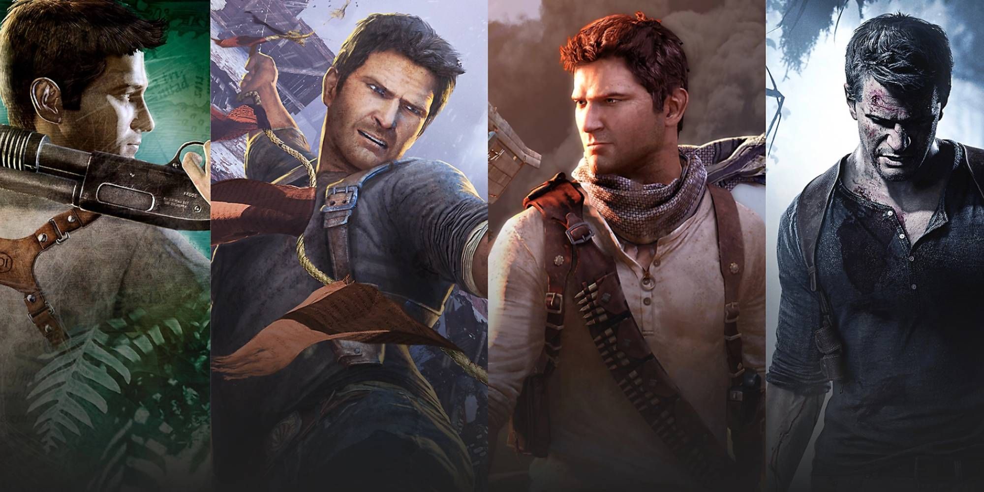 A collage of Nathan Drake through the Uncharted series