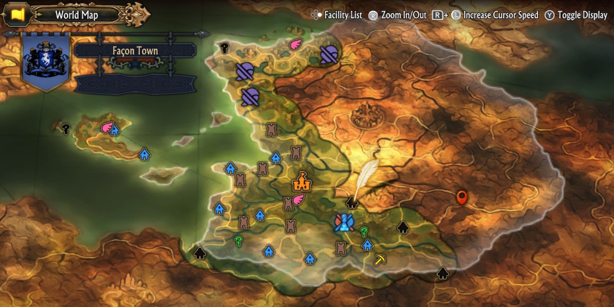 A partially filled in map of Cornia in Unicorn Overlord