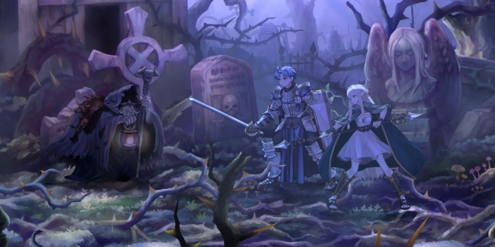 A screenshot of Baltro, Alain, and Eltolinde from Unicorn Overlord