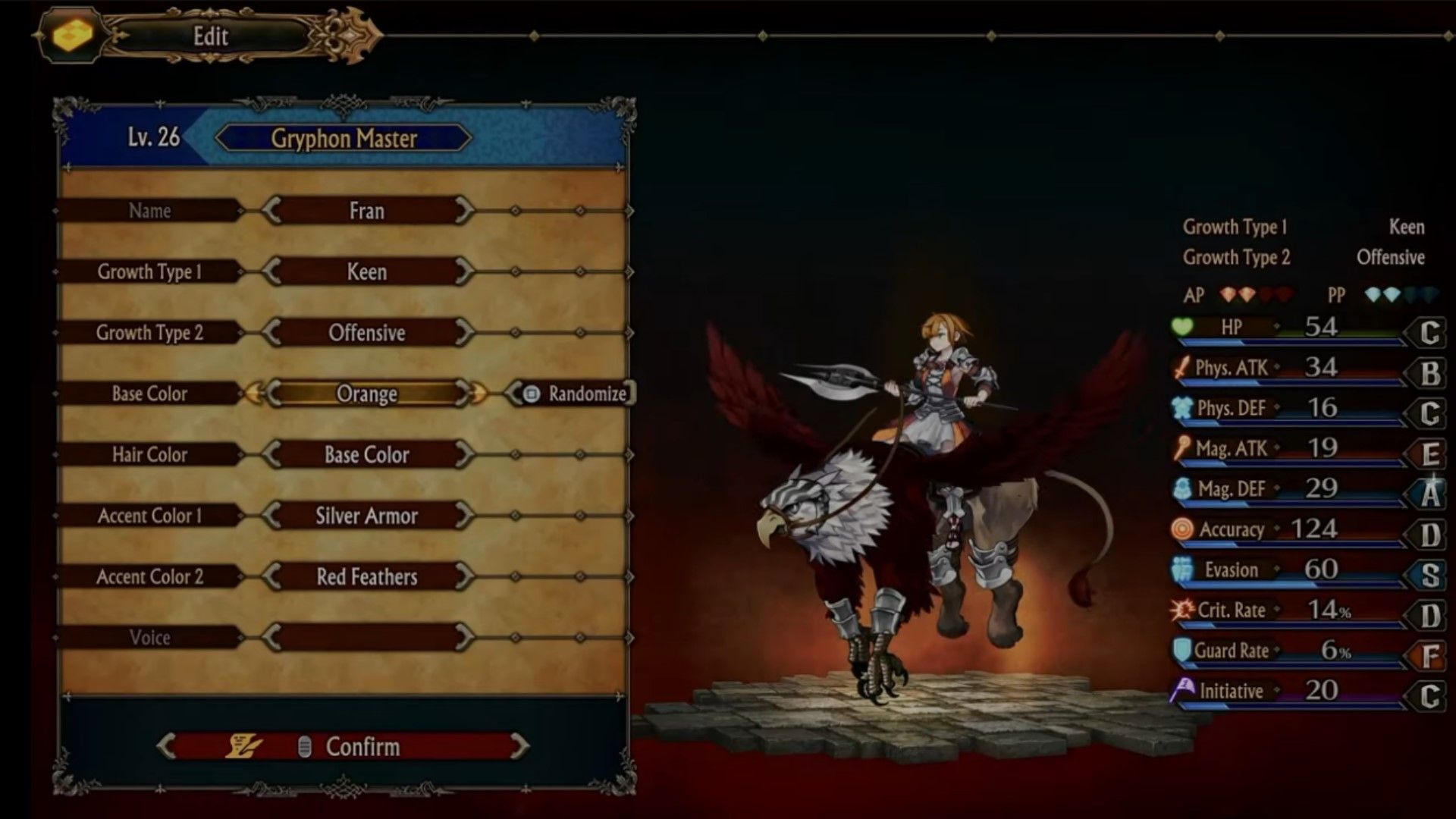 Unicorn Overlord's Character Edit Screen