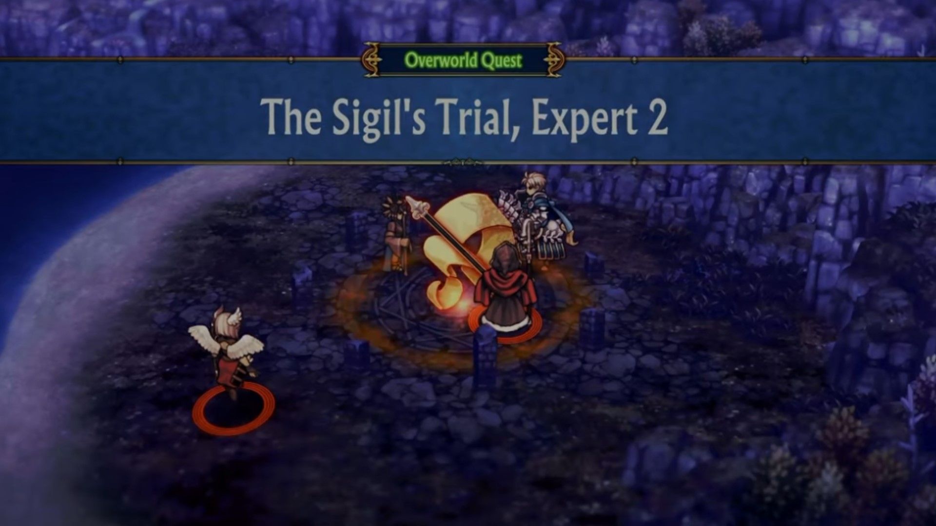 The player initiates the Sigil's Trial Expert 2 in Unicorn Overlord.