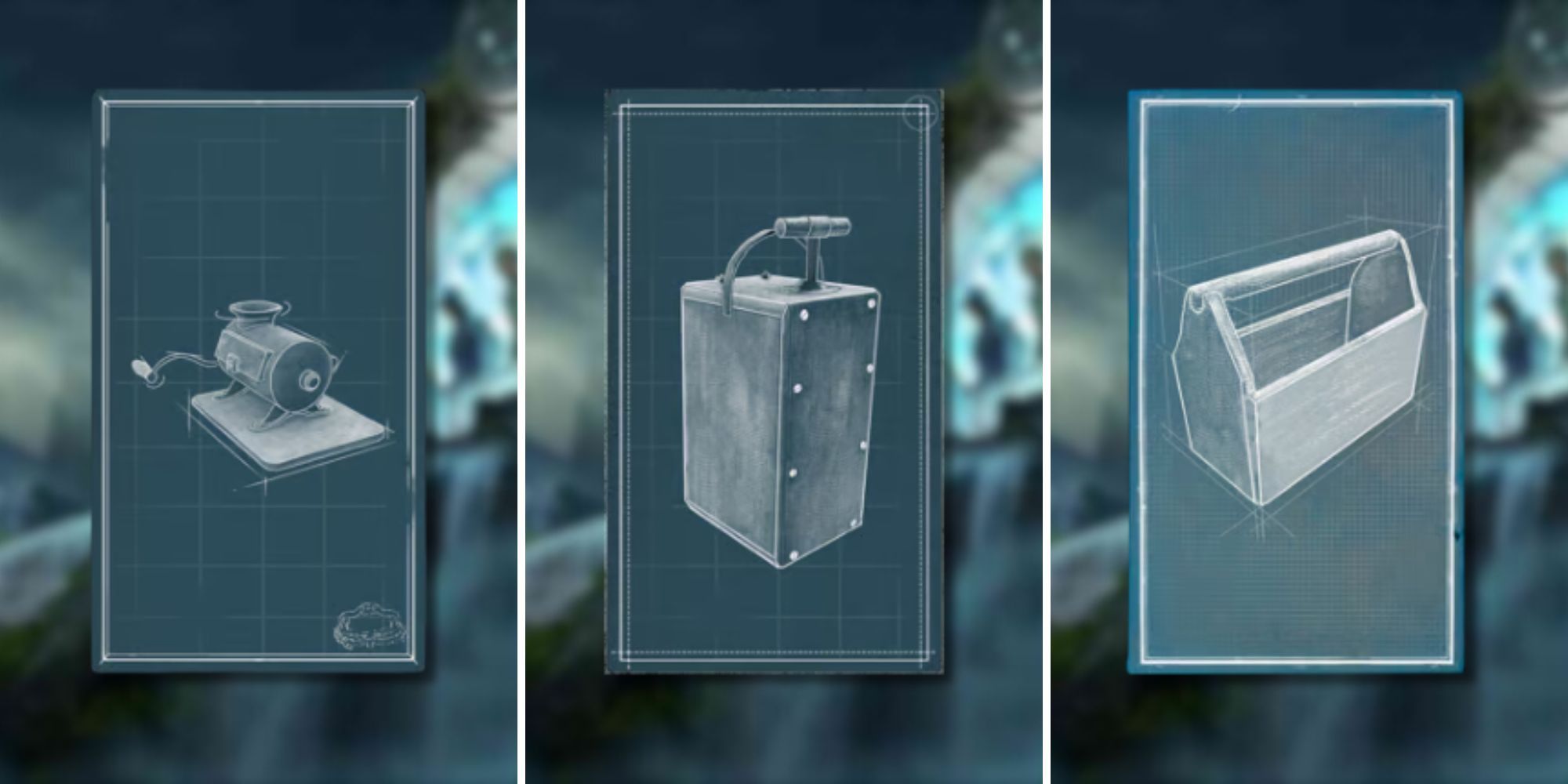 split image showing the crafting cards for a meat grinder, blasting machine, and open toolbox in Nightingale