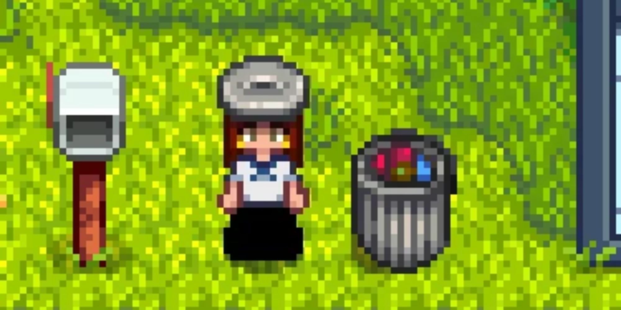 Wearing the Trash Can Hat next to a Garbage Bin