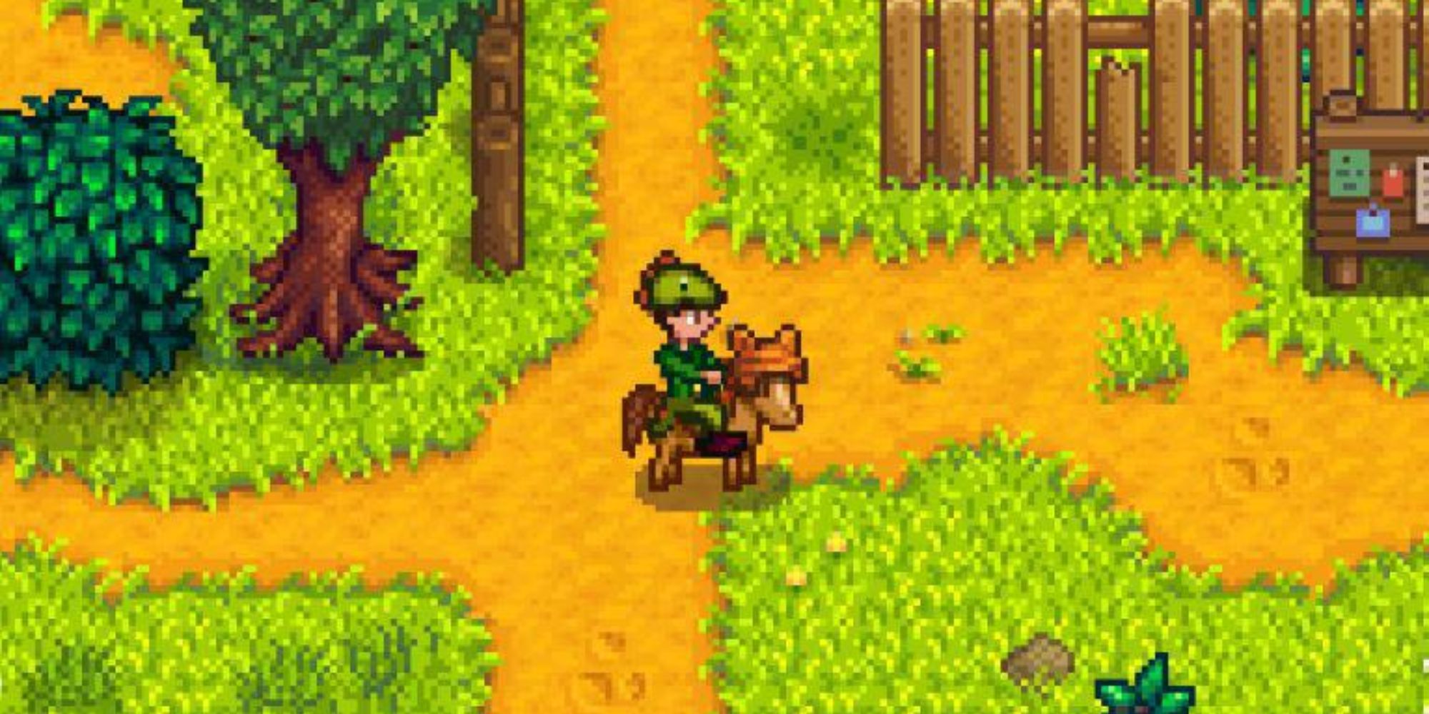 Wearing the Dinosaur hat in Stardew Valley while riding a horse