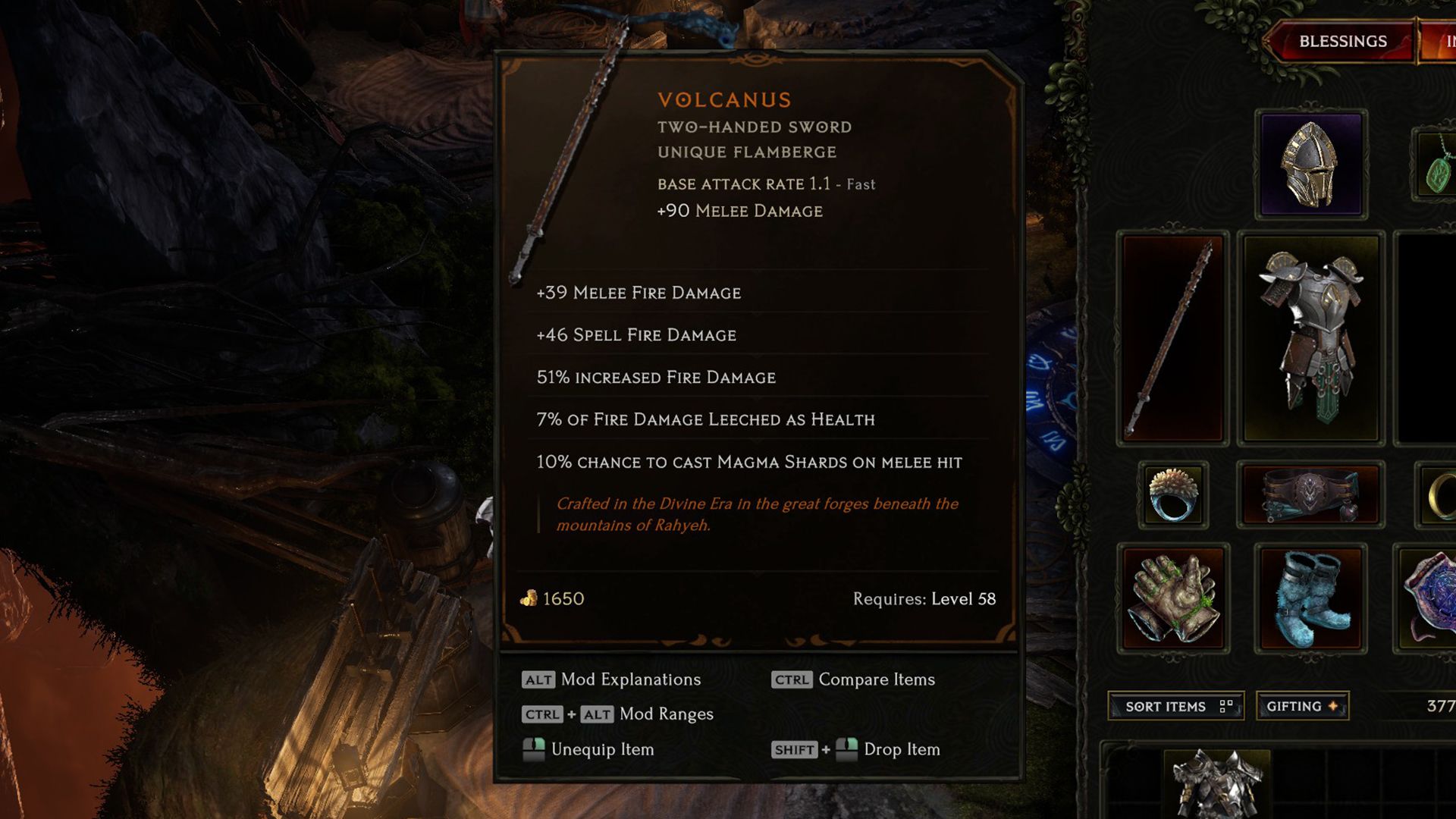volcanus unique two-handed sword with high fire damage