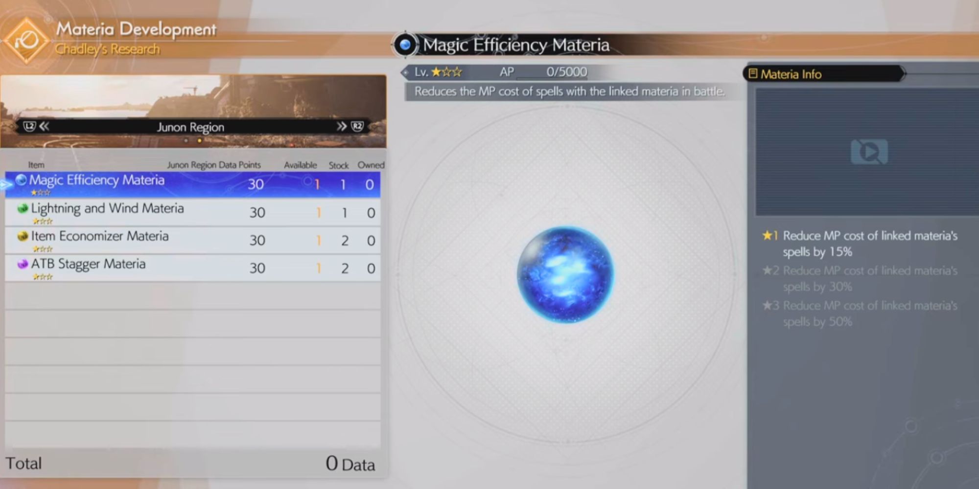 A menu showcasing magic efficiency's info and level in rebirth