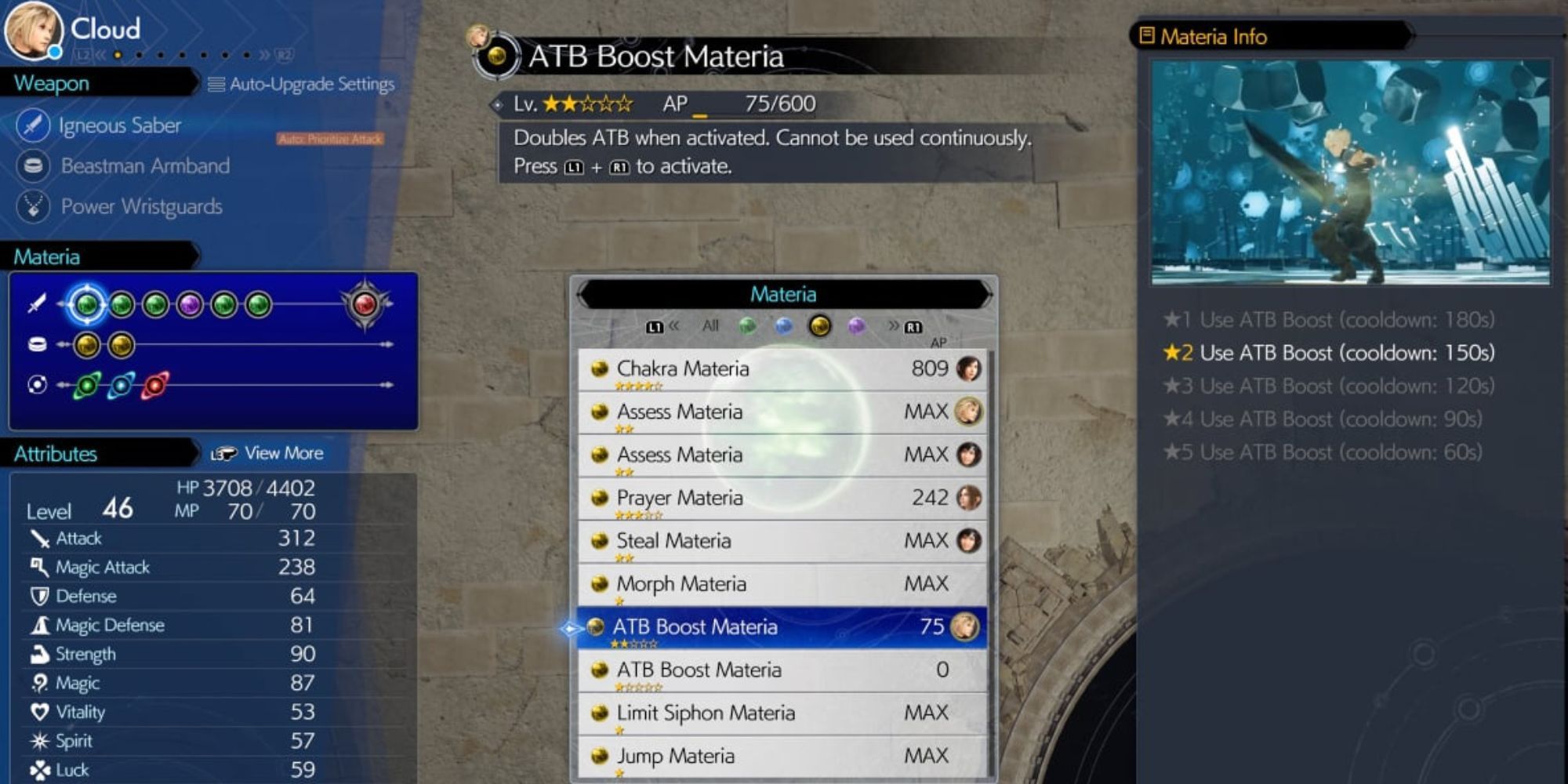 A menu showcasing ATB Boost info and level in rebirth