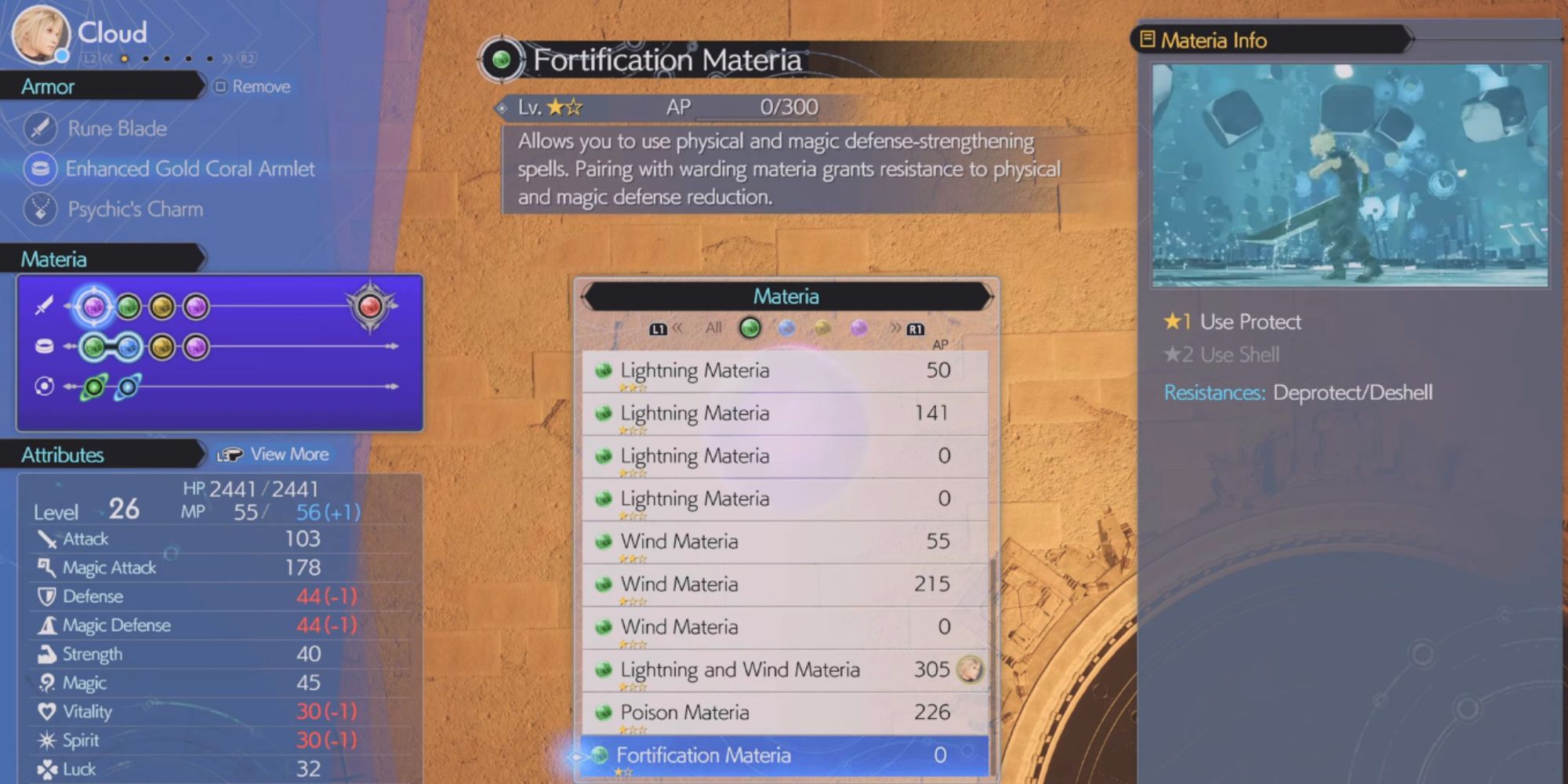 A menu showcasing Fortification Materia's info and level in rebirth