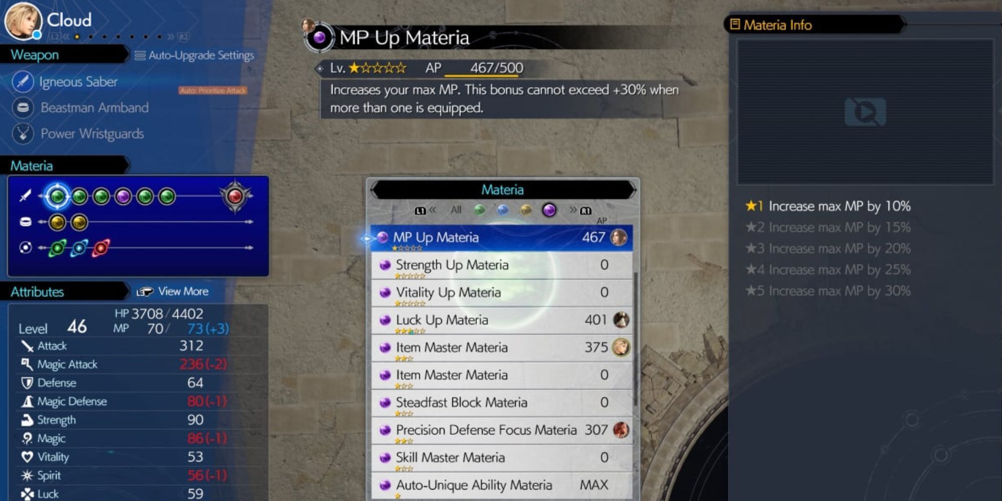 A menu showcasing MP Up Materia's info and level in rebirth