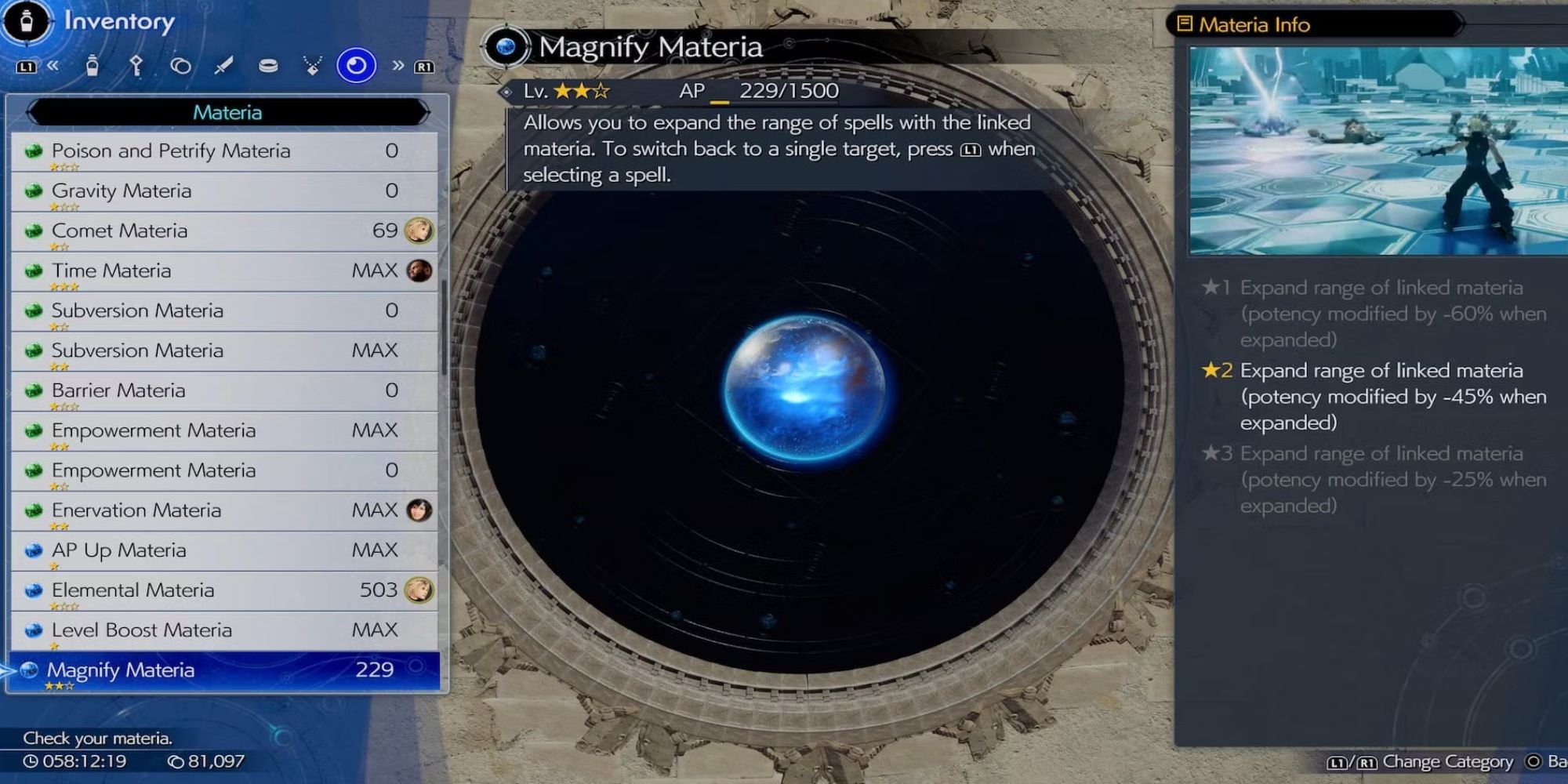 A menu showcasing Magnify Materia's info and level in rebirth