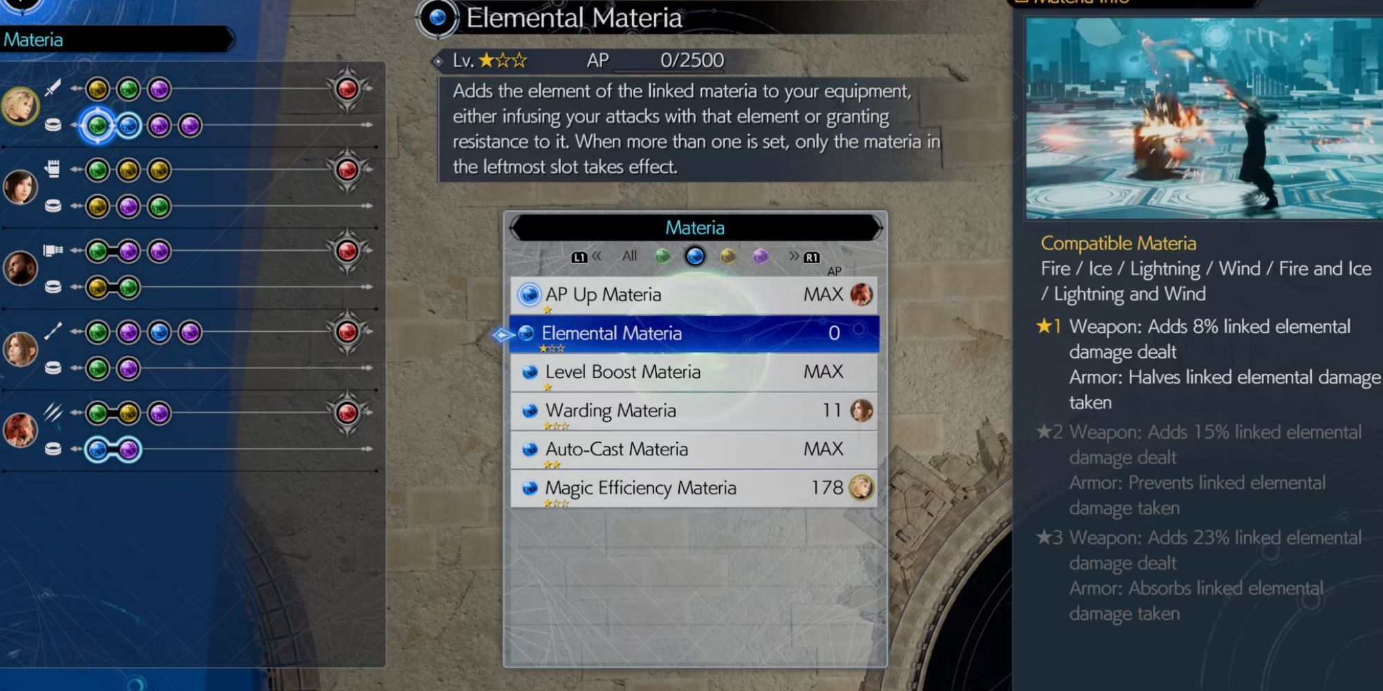 A menu showcasing Elemental Materia's info and level in rebirth