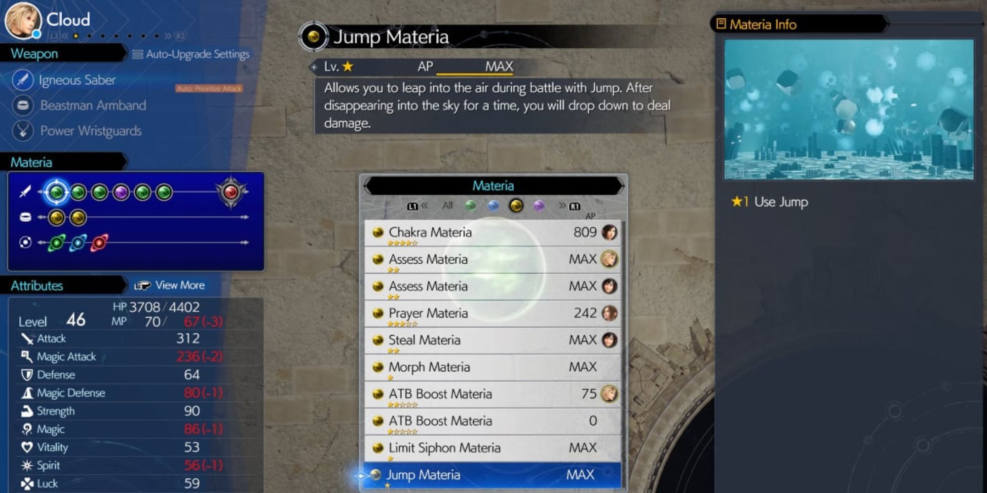 A menu showcasing Jump Materia's info and level in rebirth