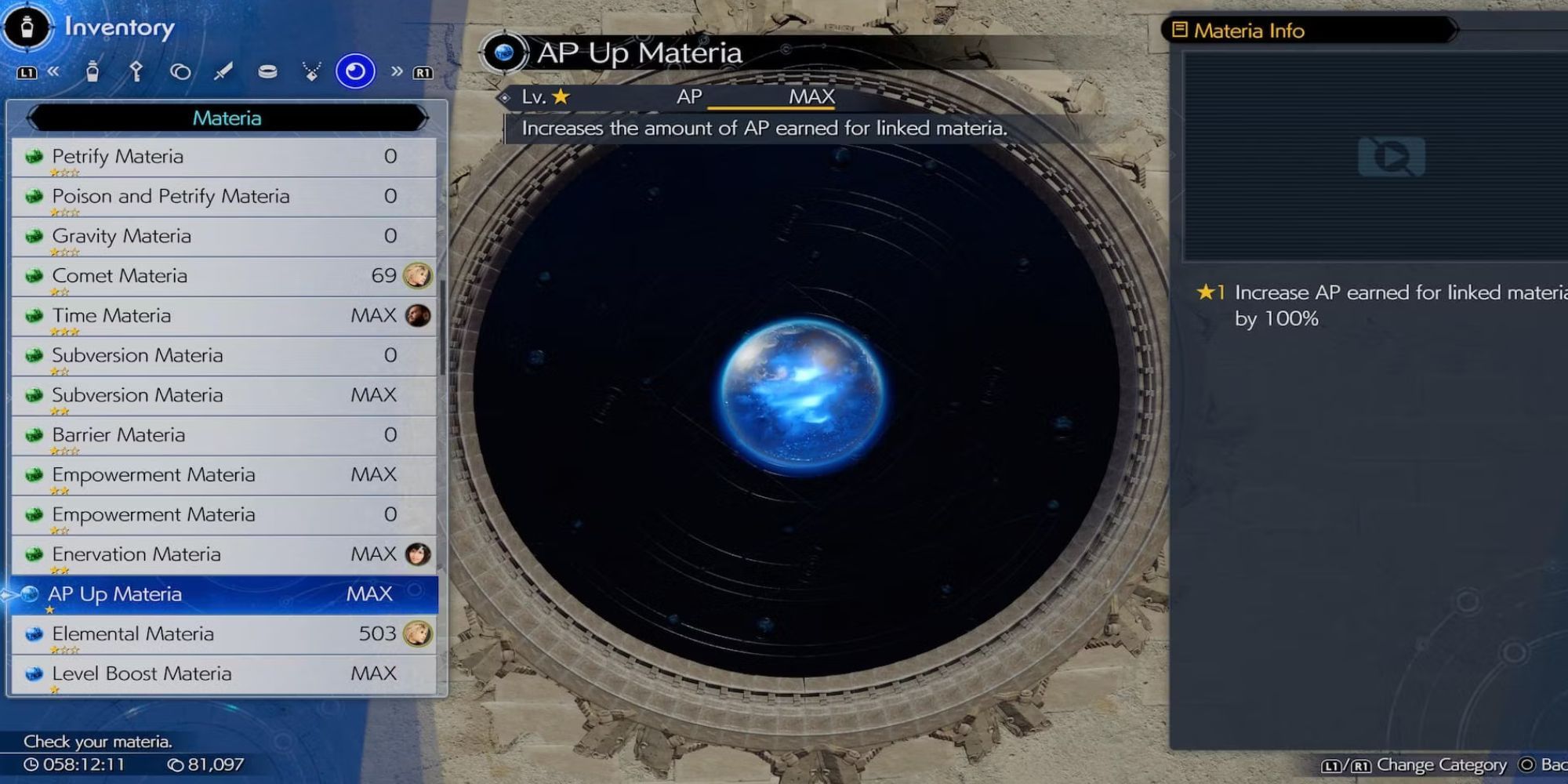 A menu showcasing AP Up Materia's info and level in rebirth