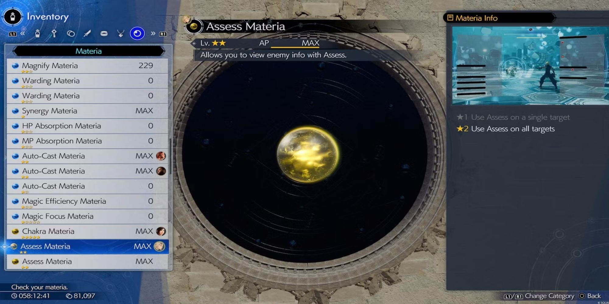 A menu showcasing Assess Materia's info and level in rebirth