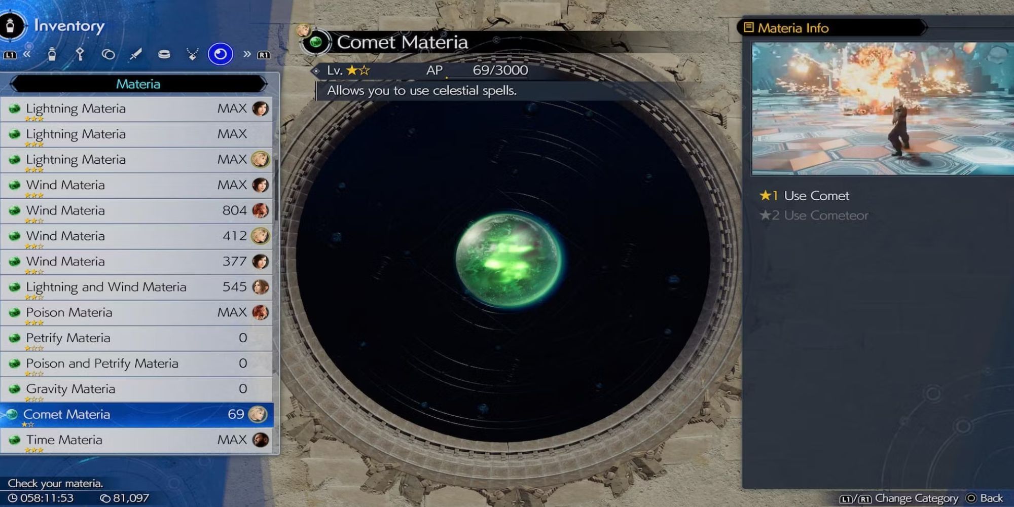 A menu showcasing Comet Materia's info and level in rebirth