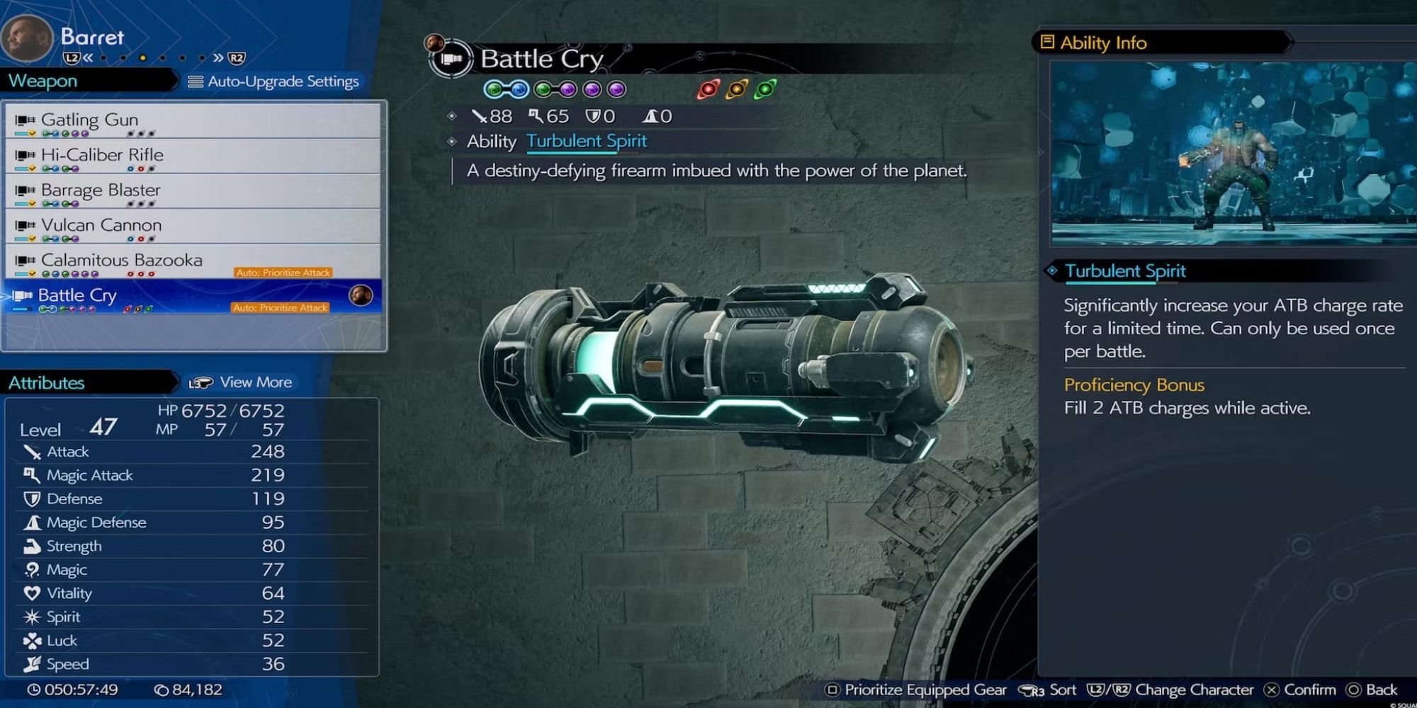 A menu showing the stats and info of Barret's Battle Cry in Final Fantasy 7 Rebirth.
