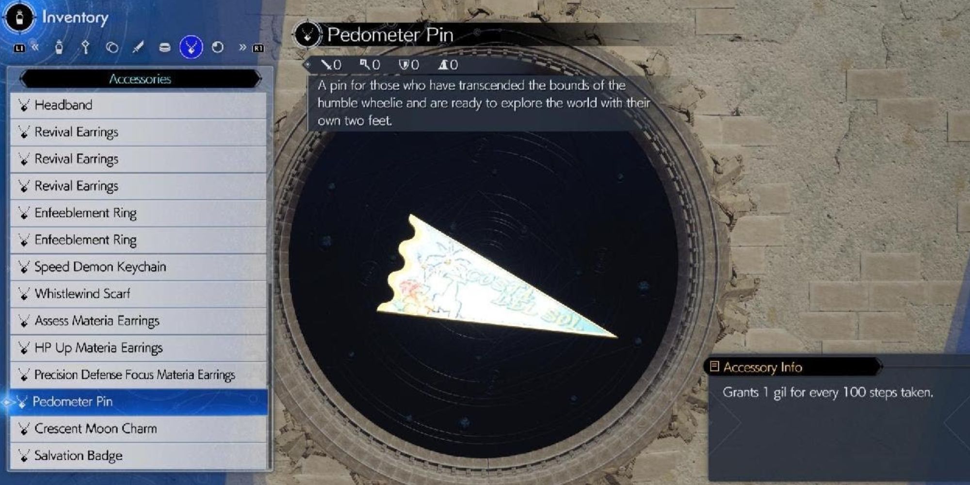 Inventory menu showing the stats and info of Pedometer Pin