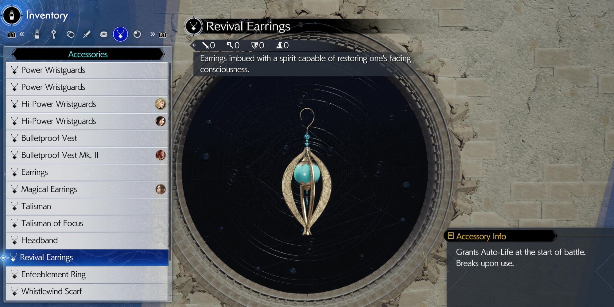 Inventory menu showing the stats and info of Revival Earrings
