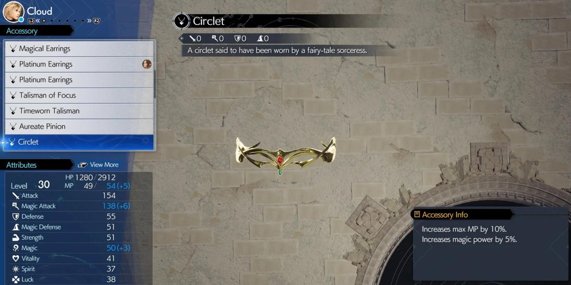 Inventory menu showing the stats and info of Circlet