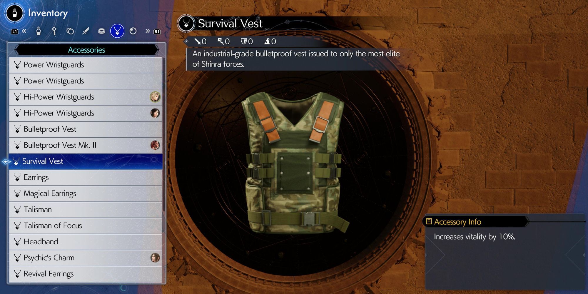 Inventory menu showing the stats and info of Survival Vest
