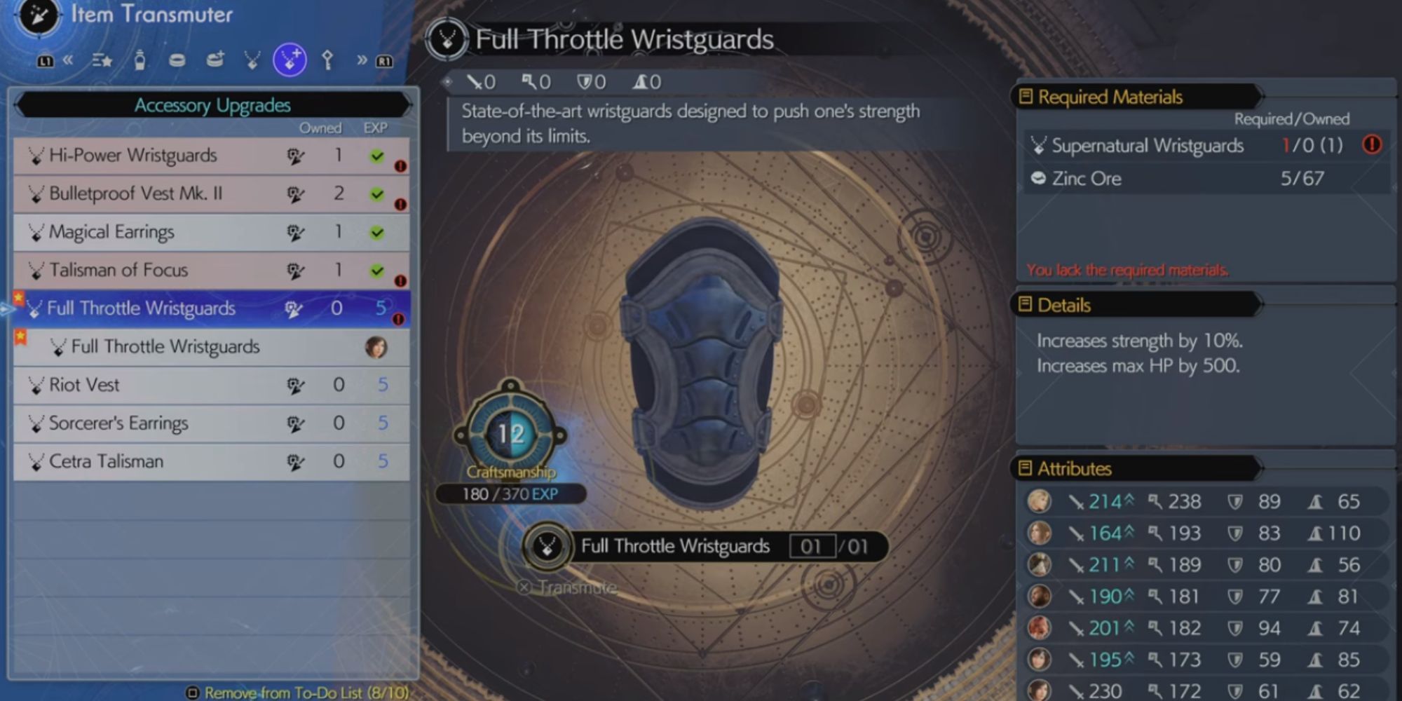 Menu showing the stats and info of Full Throttle Wristguards