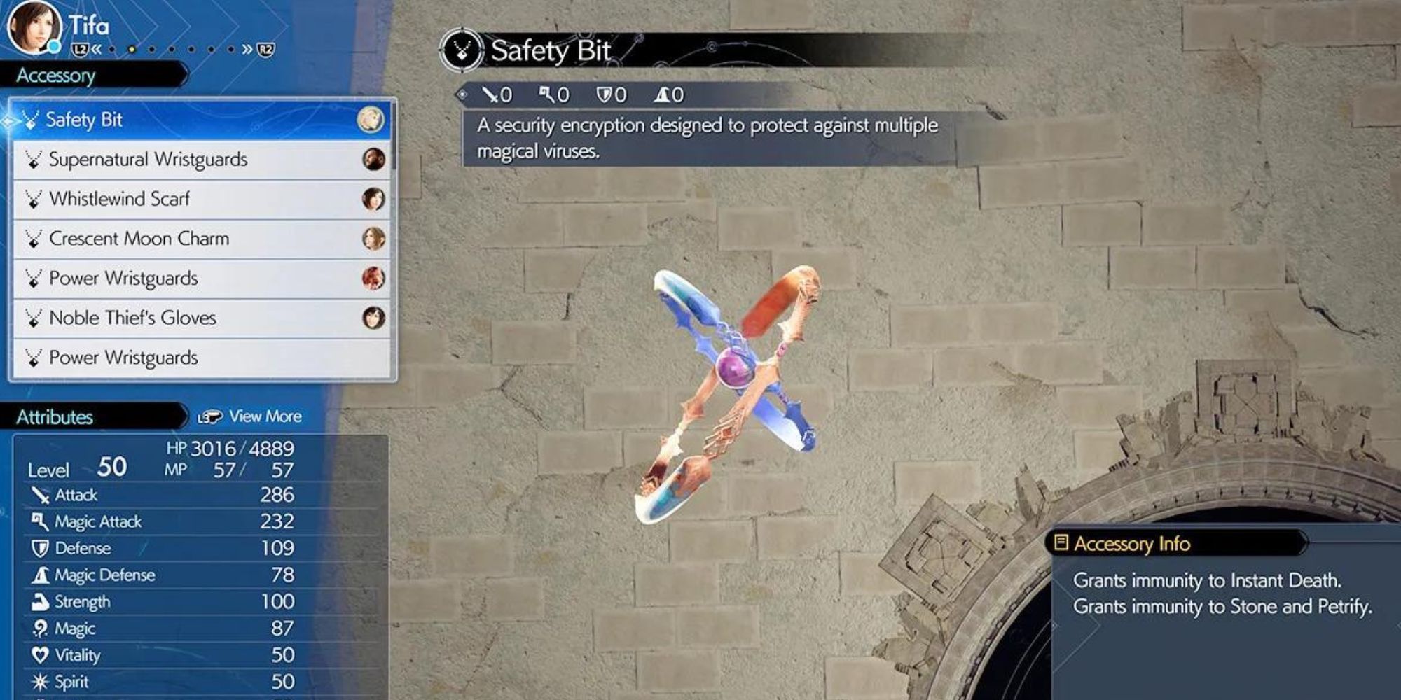 A menu showing the stats and info of Safety Bit