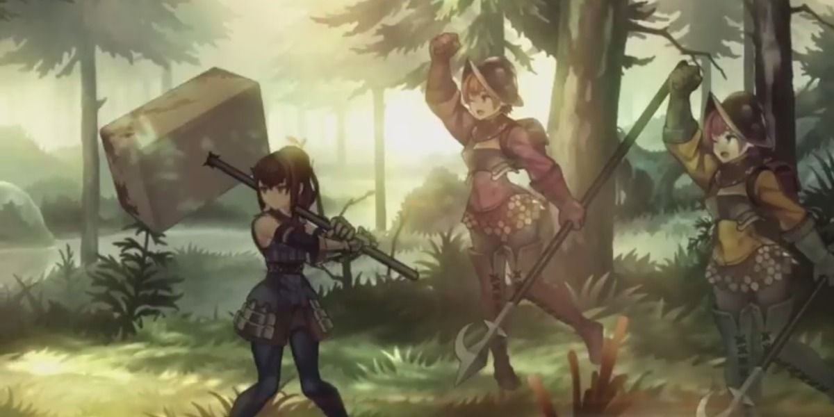 A young female Warrior with several soldiers in Unicorn Overlord.