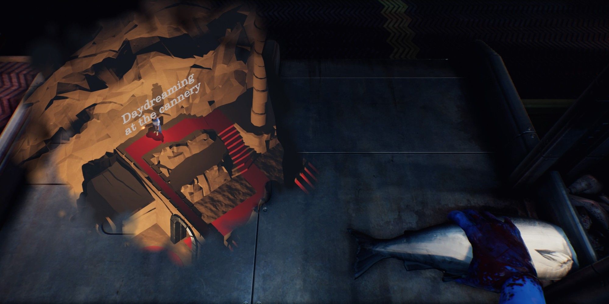 What Remains of Edith Finch Cannery Sequence with fish in hand on the right and Lewis' daydream on the left