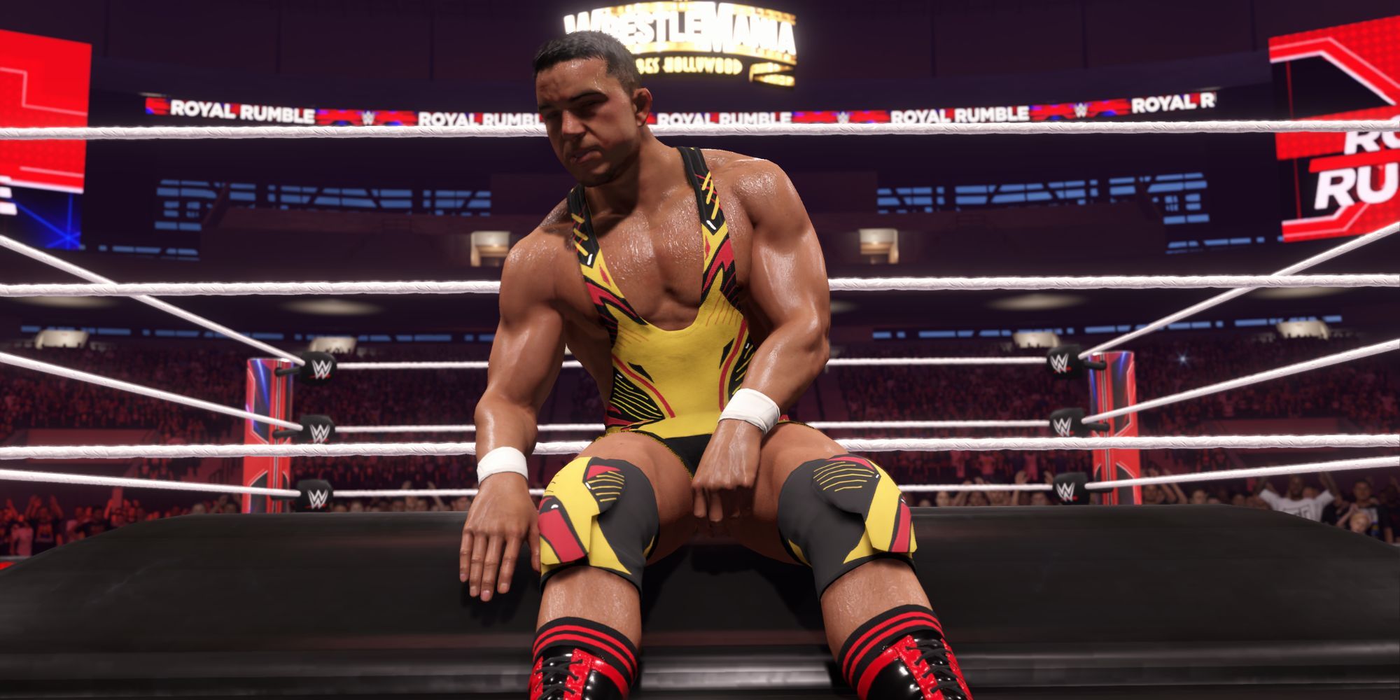 WWE Superstar Chad Gable sits on top of a closed casket at the end of a Casket Match in WWE 2K24.