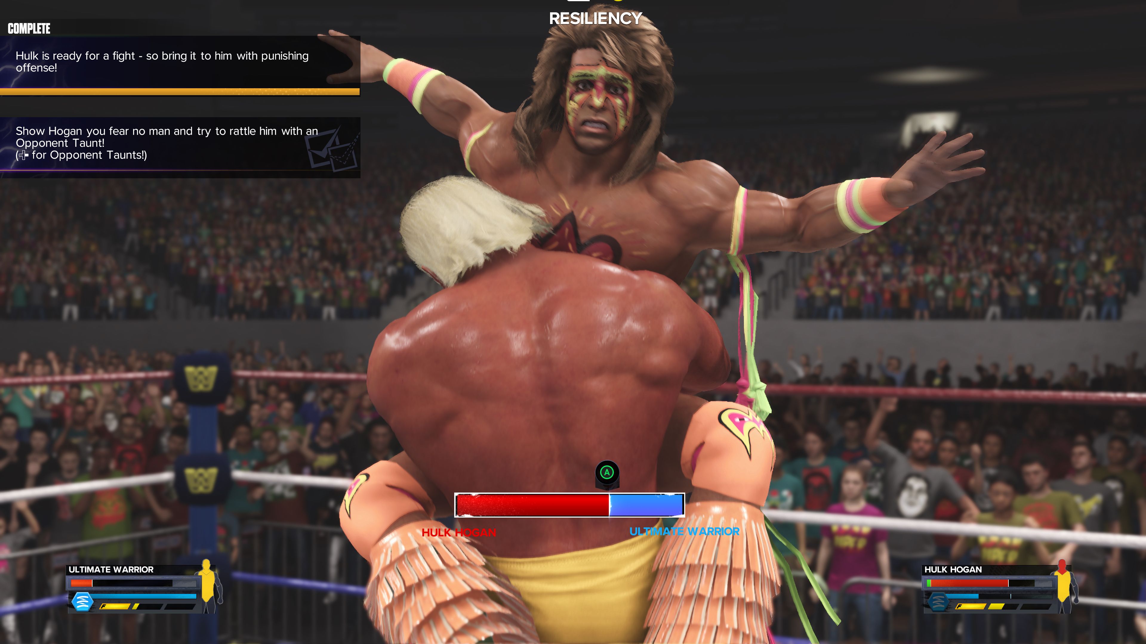 Hulk Hogan holds The Ultimate Warrior in a submission move during a match in WWE 2K24's Showcase... of the Immortals mode.