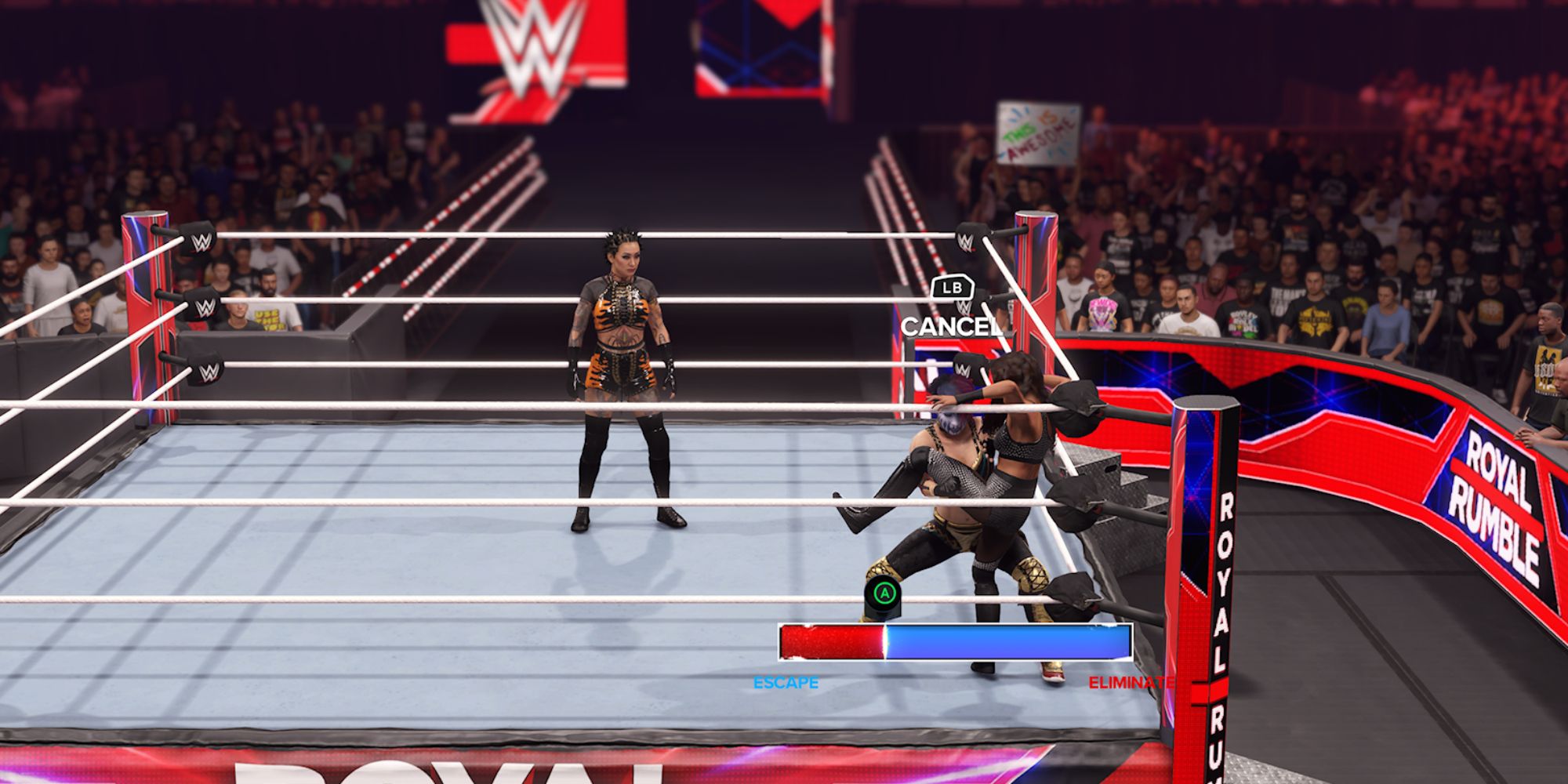 WWE 2K24 Screenshot Of Royal Rumble Match Asuka Trying To Eliminate Katana Chance