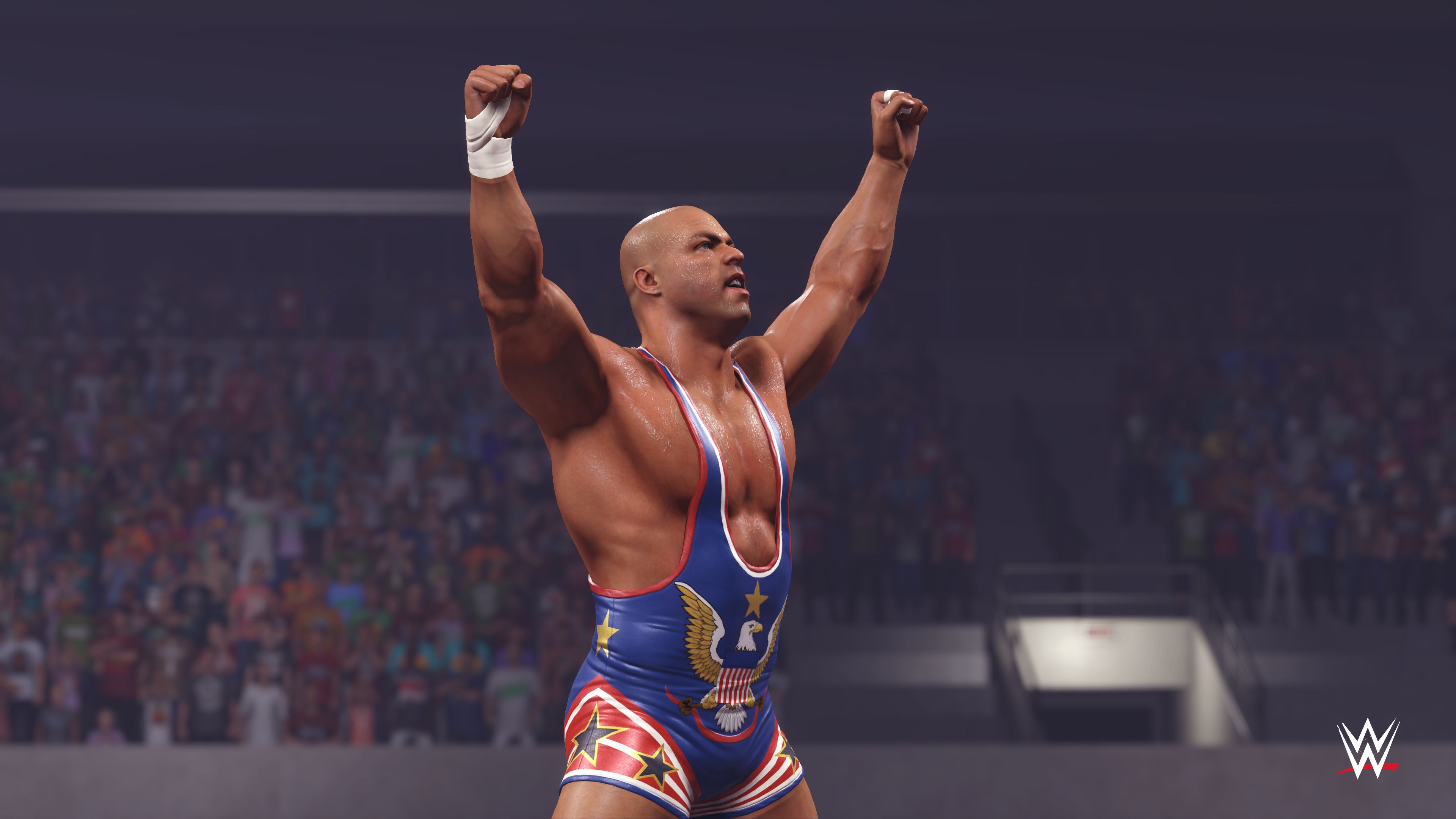 Kurt Angle celebrates his WrestleMania 21 win over Shawn Michaels in this screengrab from WWE 2K24's Showcase of the Immortals.