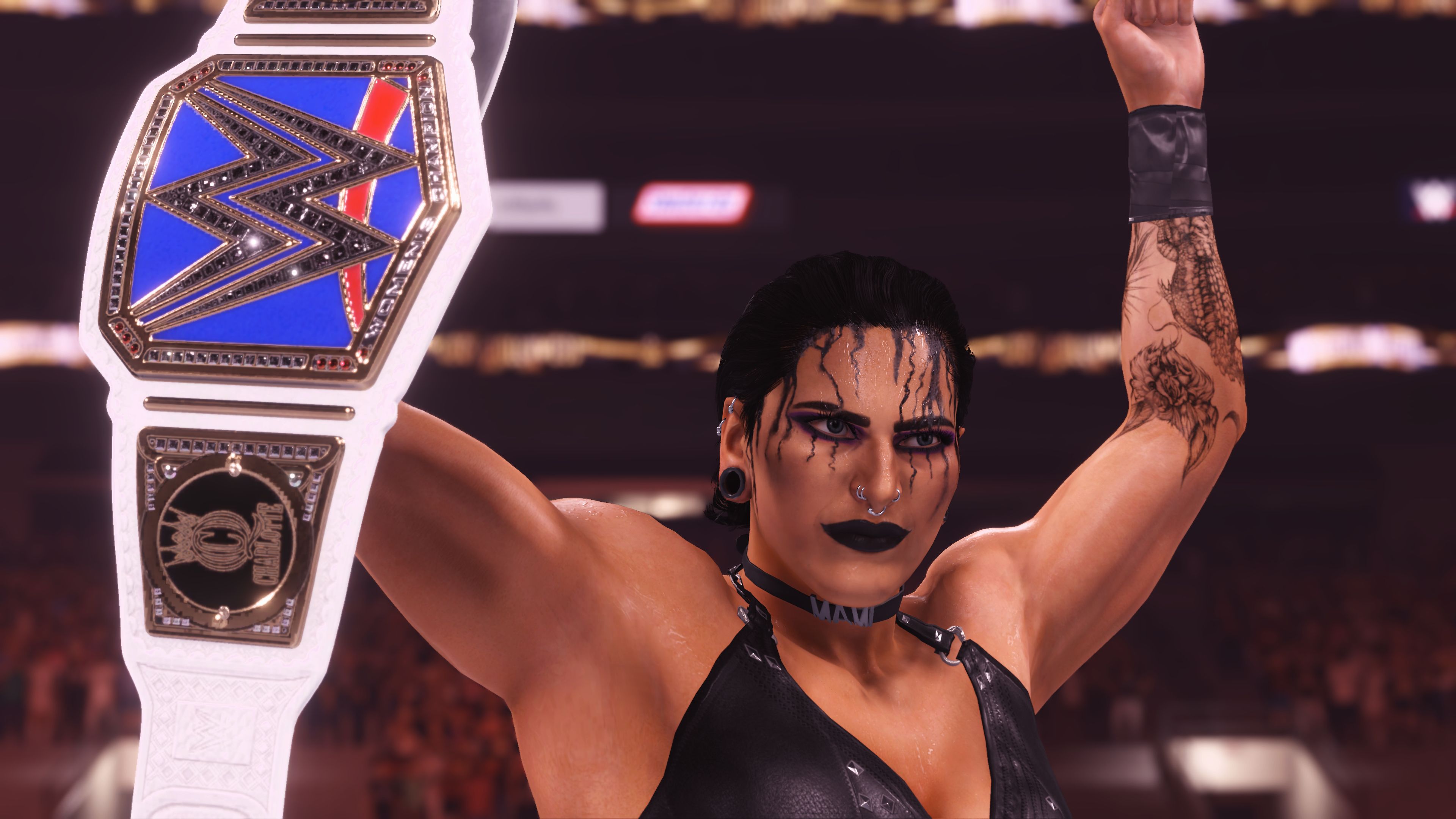 Rhea Ripley holds up the Smackdown Women's Championship belt in this screengrab from WWE 2K24.