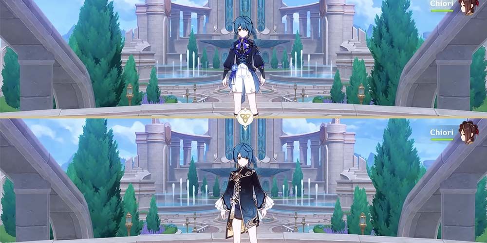 split images of Xingqiu with his secondary outfit and default outfit with Chiori in the party - Genshin Impact