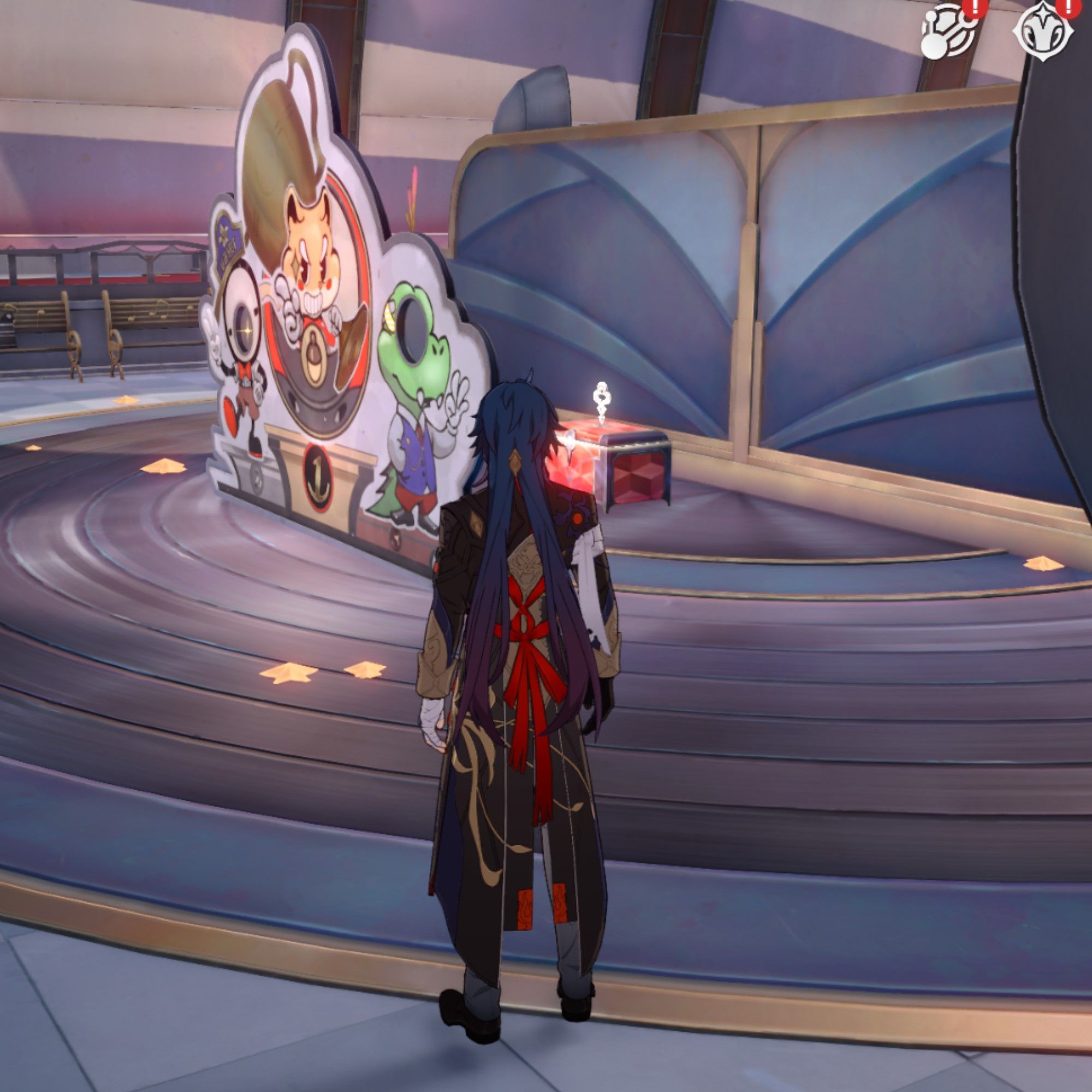 Blade looks unamused at a festive cardboard cutout in Honkai Star Rail.