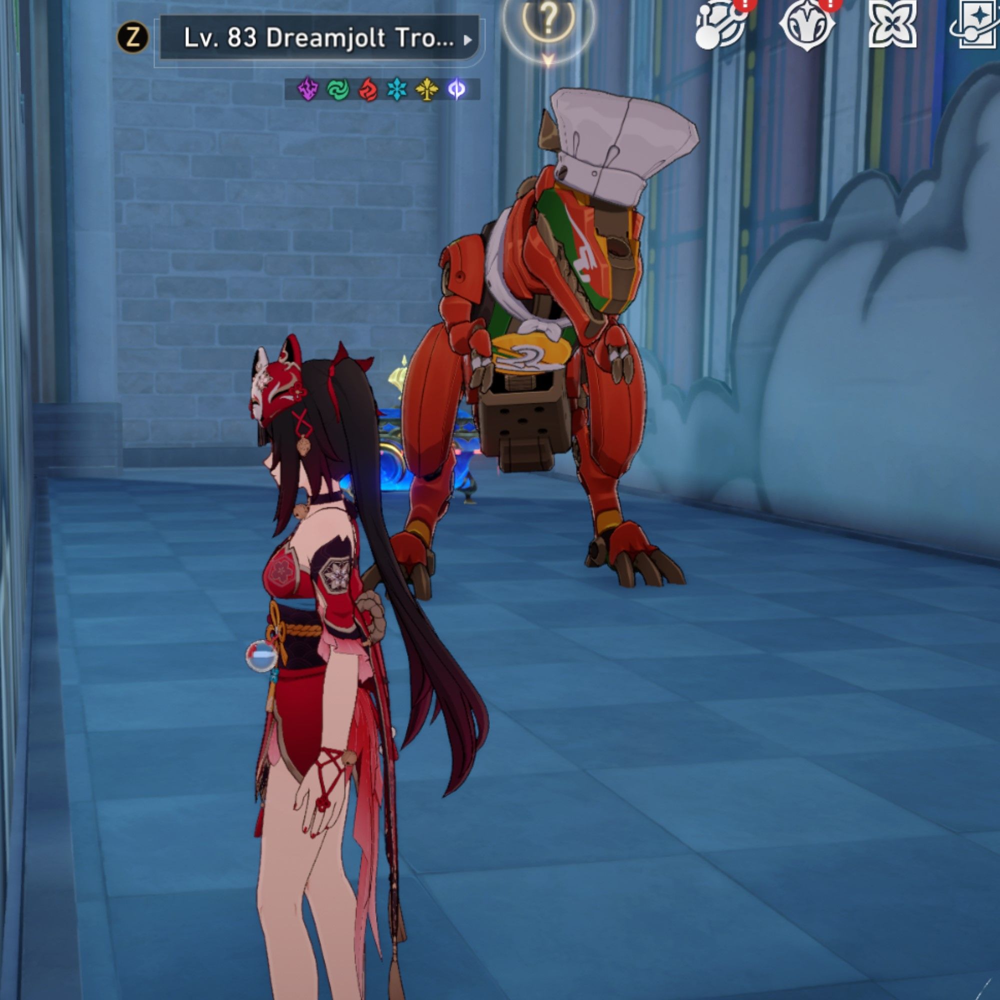Sparkle is about to get attacked by a T Rex in Honkai Star Rail.
