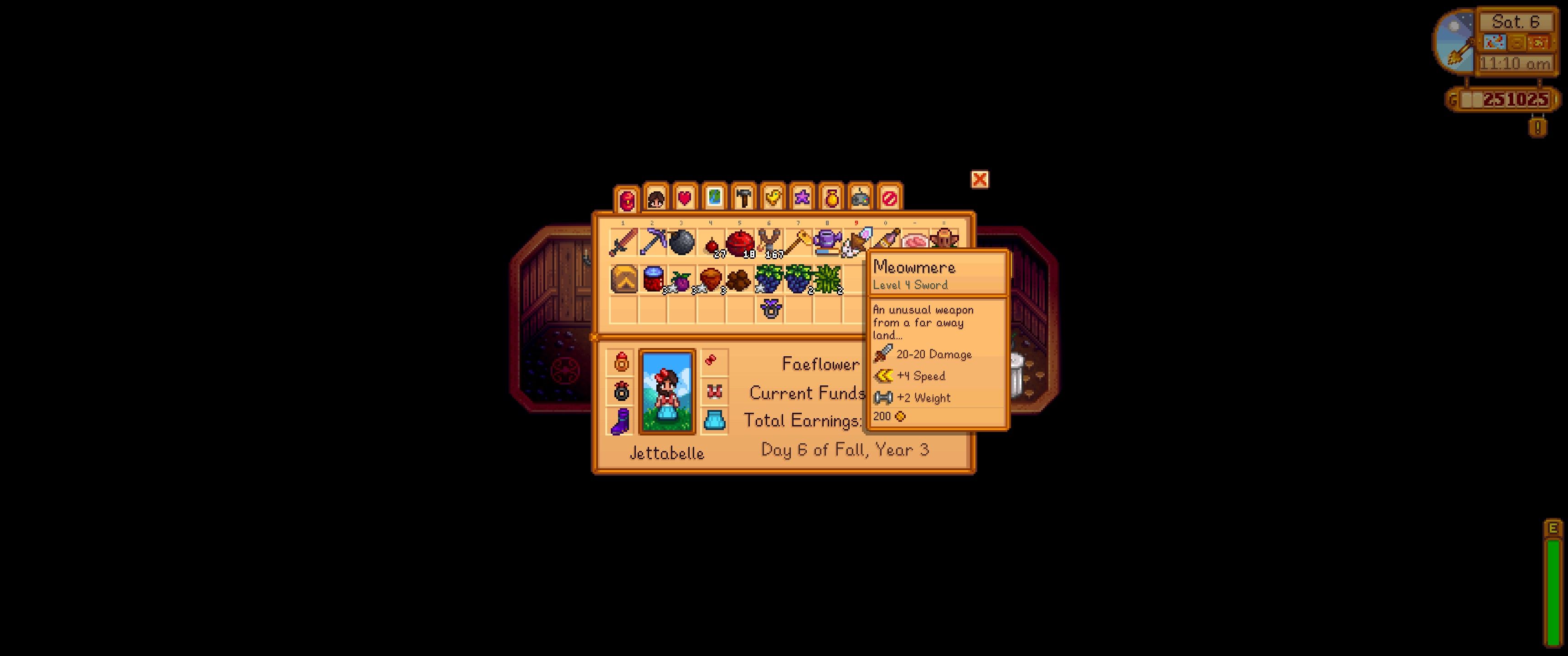 Stardew Valley: An image of Meowmere highlighted in the player's inventory
