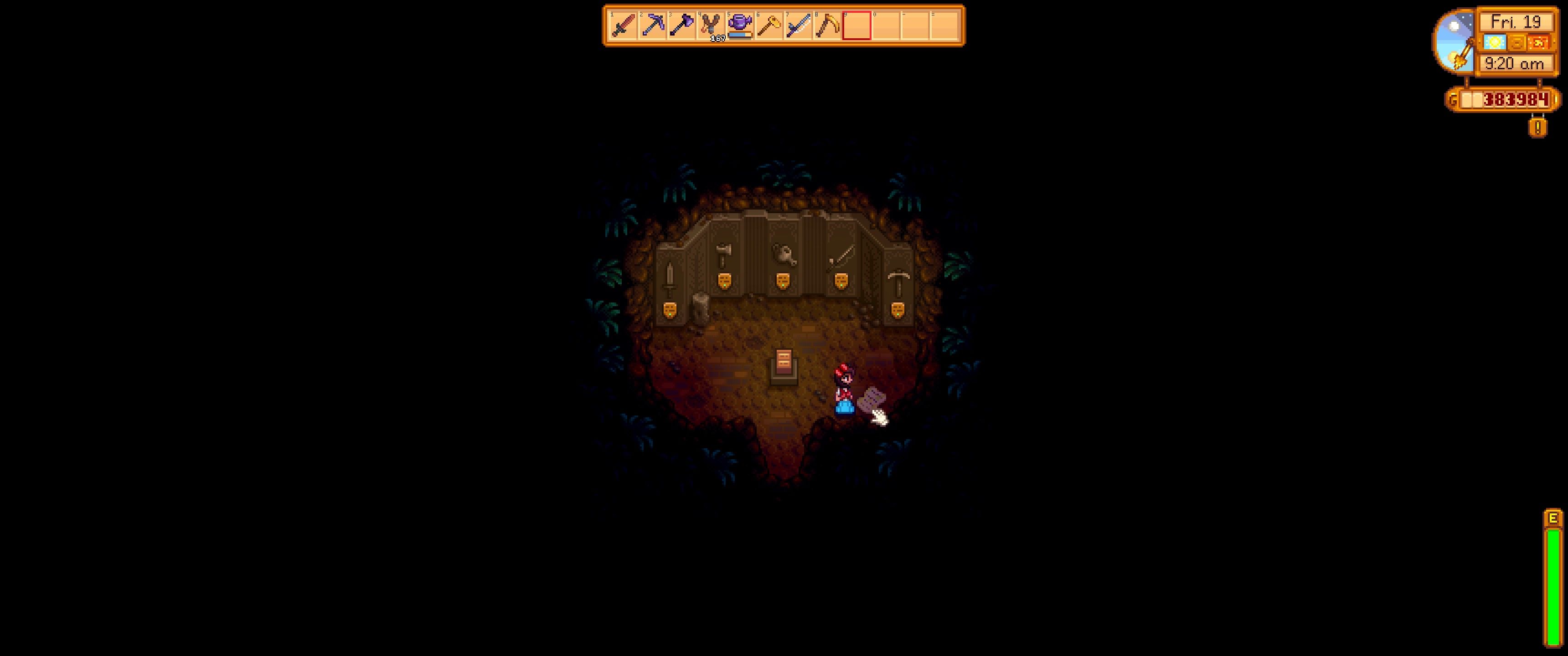 Stardew Valley: The player examines a note inside the Mastery Cave