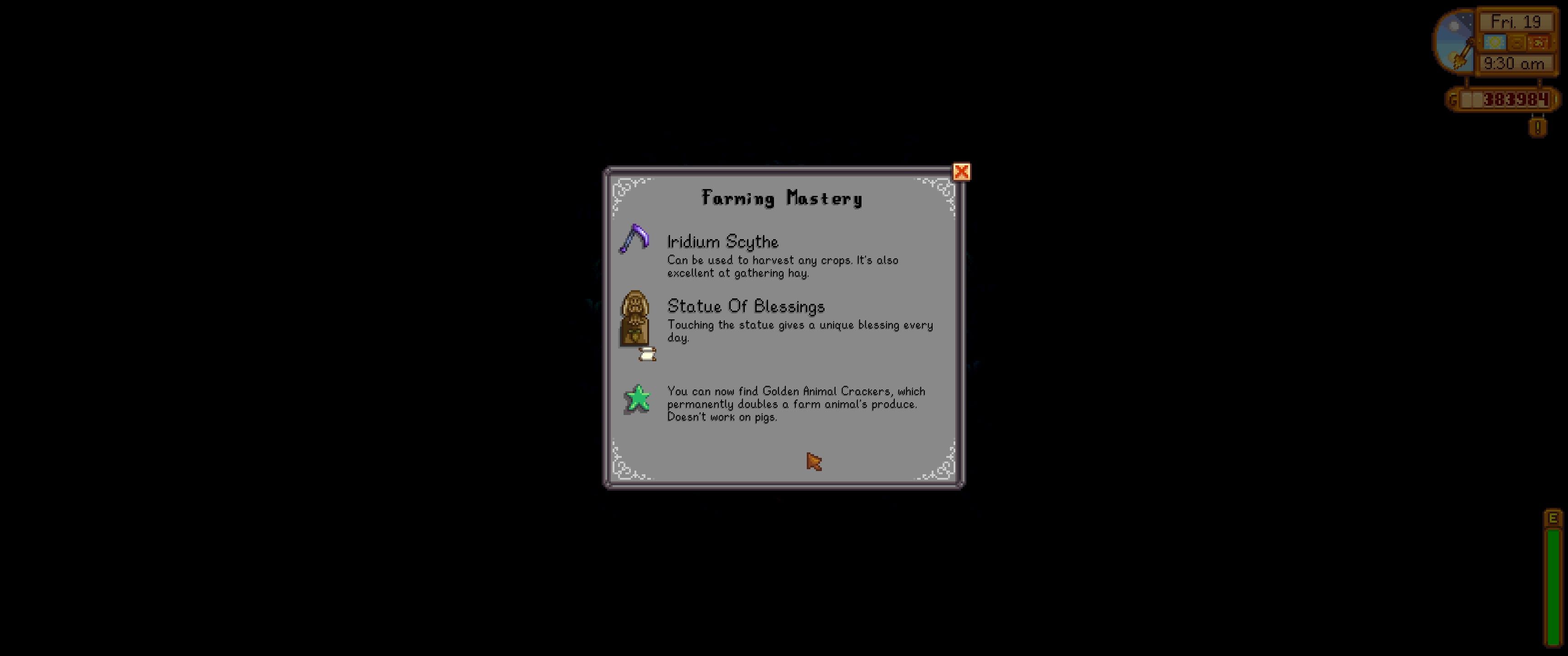 Stardew Valley: An image of the Farming Mastery completion rewards screen