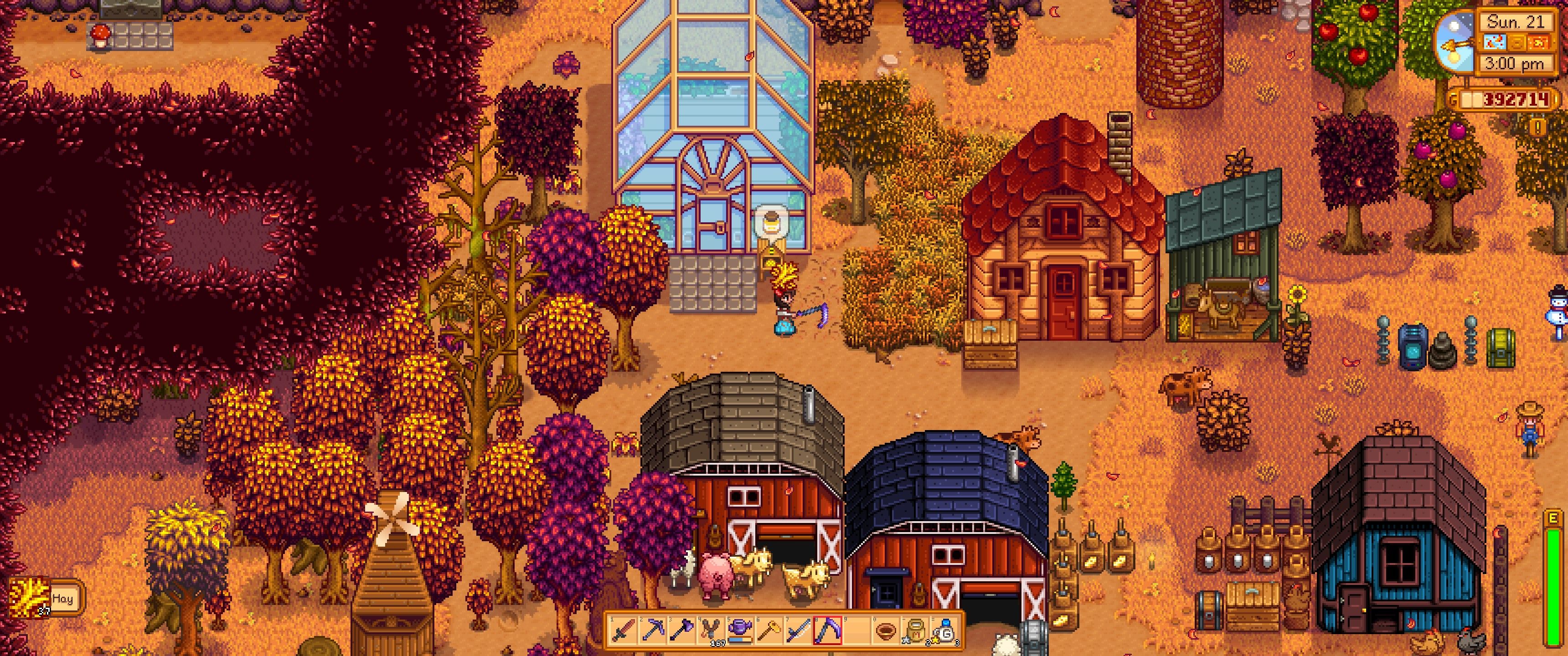 Stardew Valley: The player cuts tall grass with their Iridium Scythe.